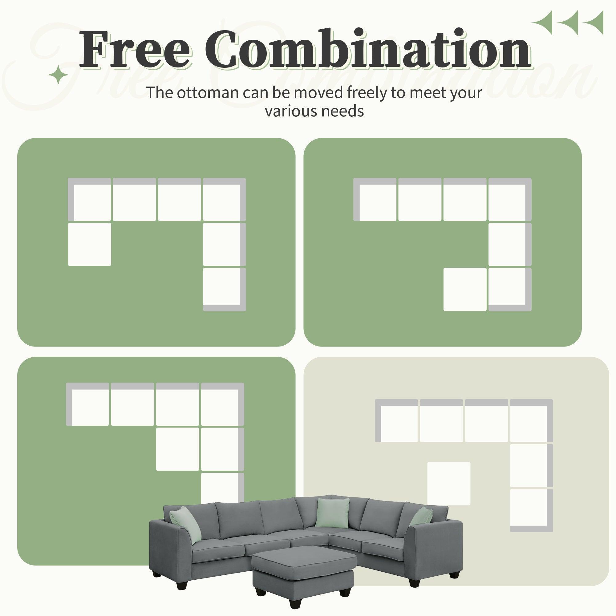 112x87 Inch Modular L-Shaped Sectional Sofa Set with Ottoman & 3 Pillows - 7-Seater Fabric Corner Couch for Living Room | Perfect for Family Gatherings & Movie Nights