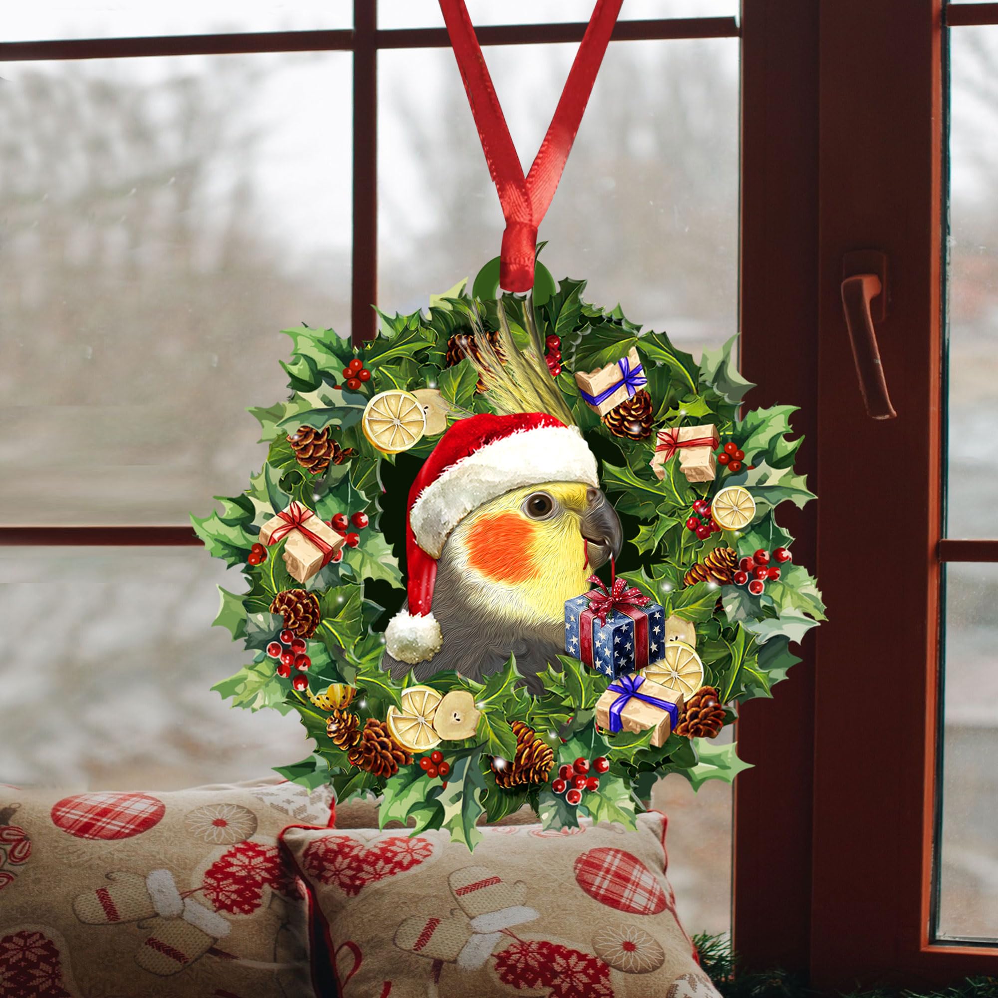 Talataca Cockatiel Christmas Hat Wreath - 2D Flat Car Mirror Hanging Charm & Tree Ornament - Cute Bird Decor for Rearview Mirror, Christmas Tree, Home & Gift Giving
