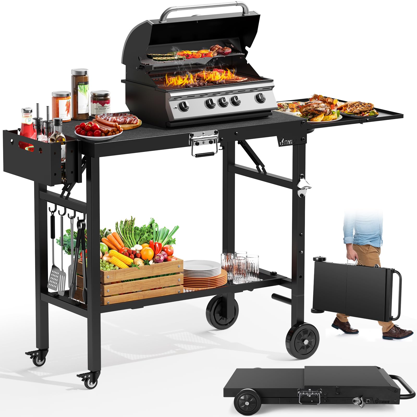 Portable Foldable BBQ Grill Cart with Wheels - Outdoor Cooking Prep Table for Blackstone Griddle 17