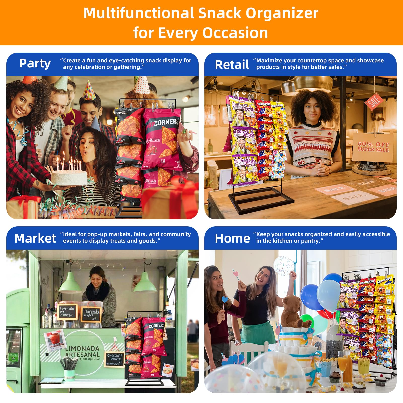 **Thickened Base Chip Rack Display Stand with 40 Clips - Snack & Chip Bag Holder for Pantry Organization, Party Serving, and Concession Stand Supplies (Black, Medium)**    **Usage Scenarios:** Perfect for organizing snacks in pantries, displaying chips at parties, or enhancing concession stand setups.