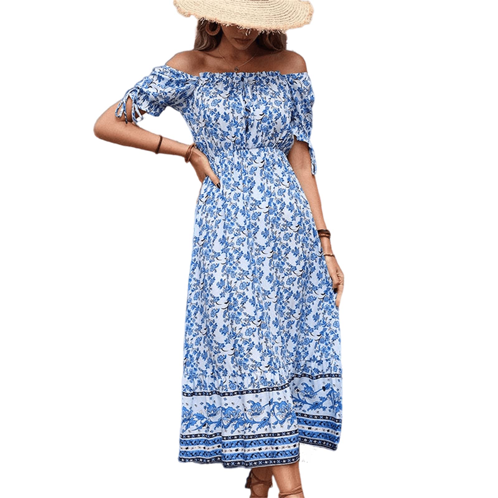 Women's Casual Summer Dress - Retro Floral Midi Off Shoulder Blue Dress with Puff Sleeves for Vacation, Beach, Spring | Perfect for Outdoor Parties, Date Nights & Summer Getaways