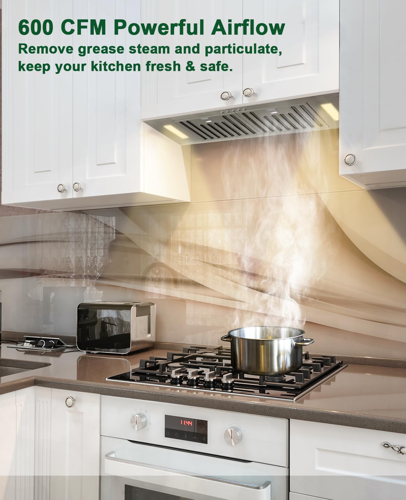Akicon 30 Inch Stainless Steel Range Hood Insert - Ultra Quiet 600 CFM Ducted Kitchen Vent Hood with Powerful Suction, 3-Speed Settings, LED Lights & Dishwasher Safe Filters - Perfect for Built-In Kitchen Ventilation & Smoke Removal