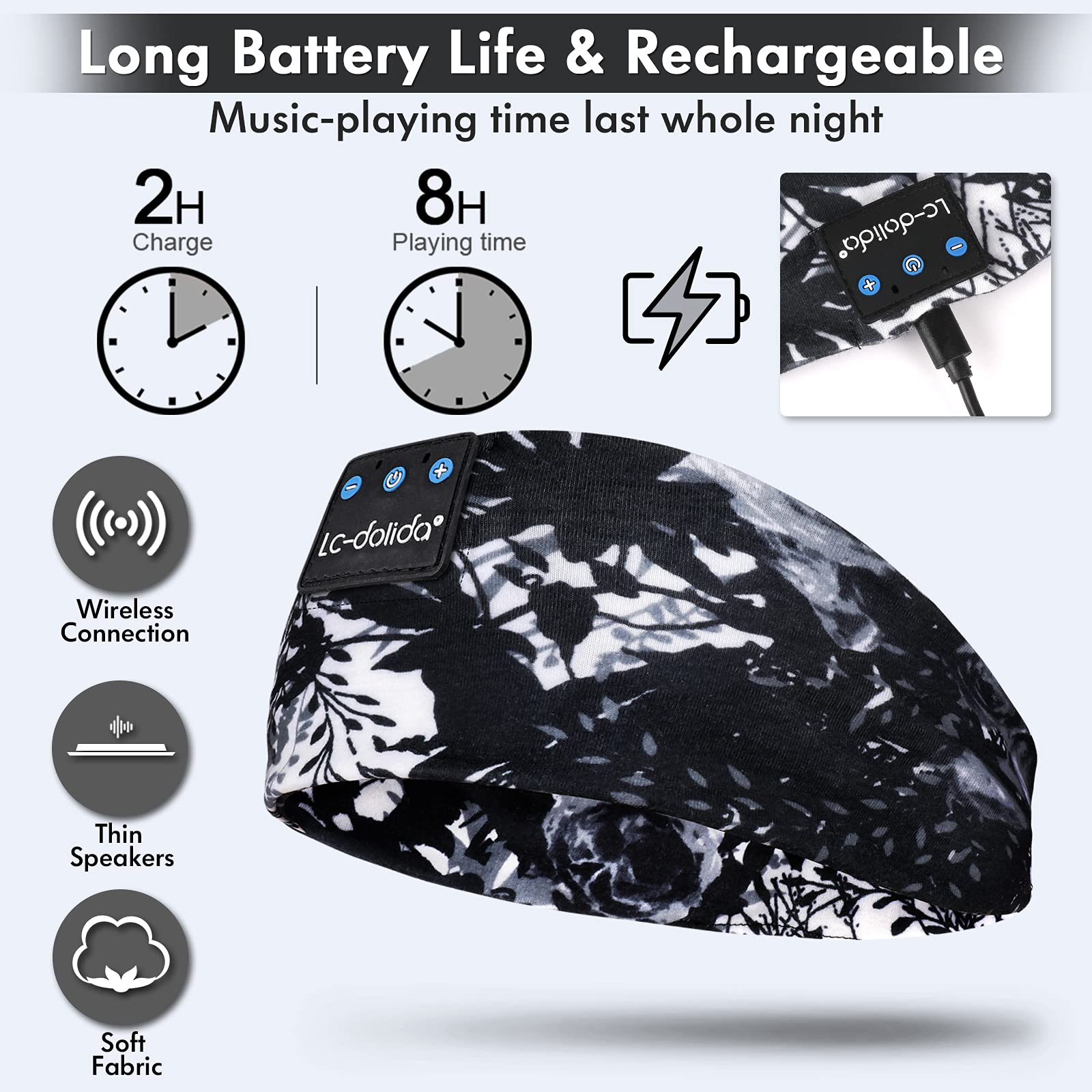 LC-dolida Bluetooth Sleep Mask with Built-in Headphones - Wireless Sleep Headband for Side Sleepers, Travel & Sports - Perfect Gift for Insomnia Relief & Relaxation (Great for Airplanes, Yoga & Meditation)