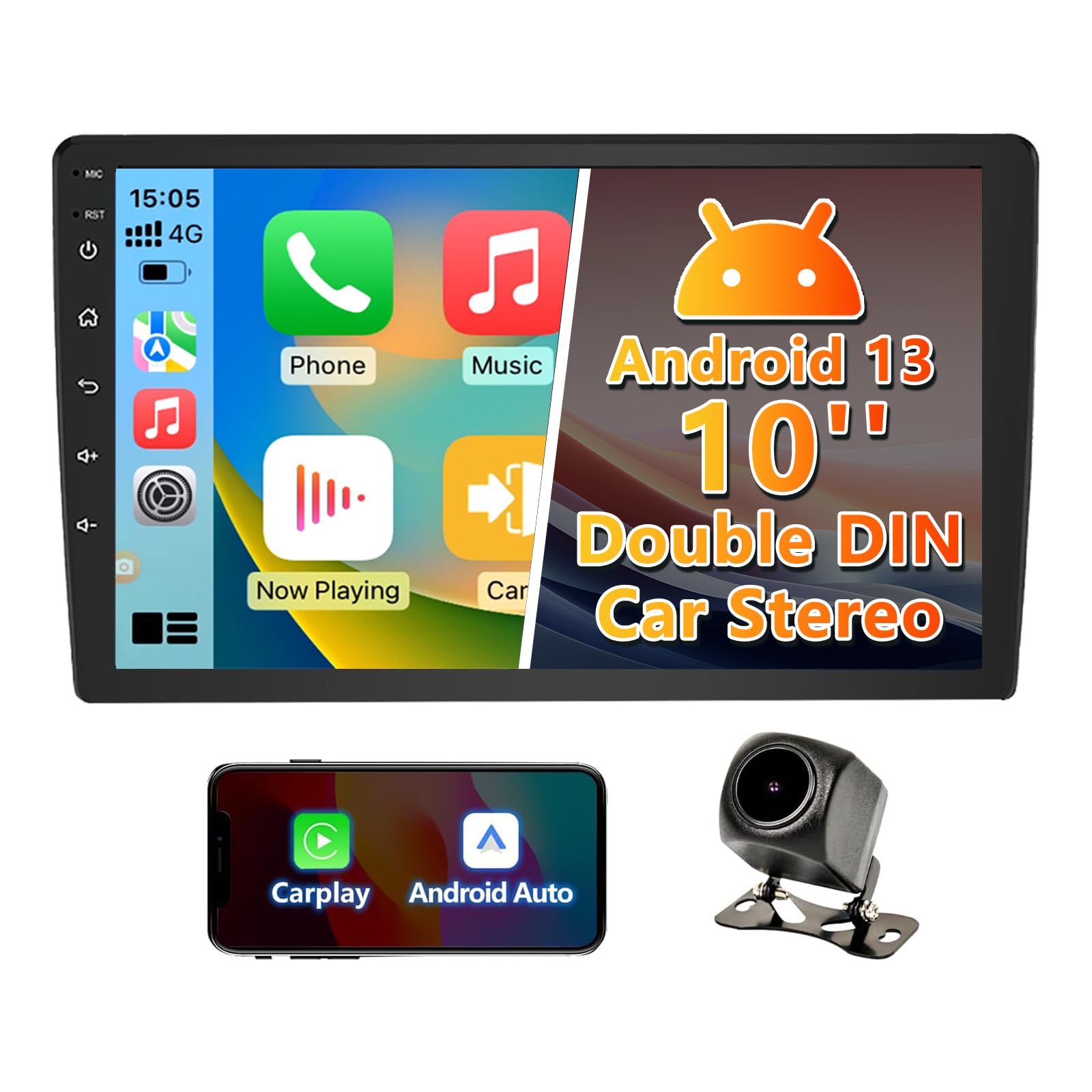 10 Inch Android 13 Double DIN Car Stereo with Wireless CarPlay & Android Auto - 2GB RAM 64GB ROM Touchscreen Head Unit, GPS Navigation, Bluetooth, FM Radio, SWC, Backup Camera - Perfect for SUV, Truck & Sedan Upgrades