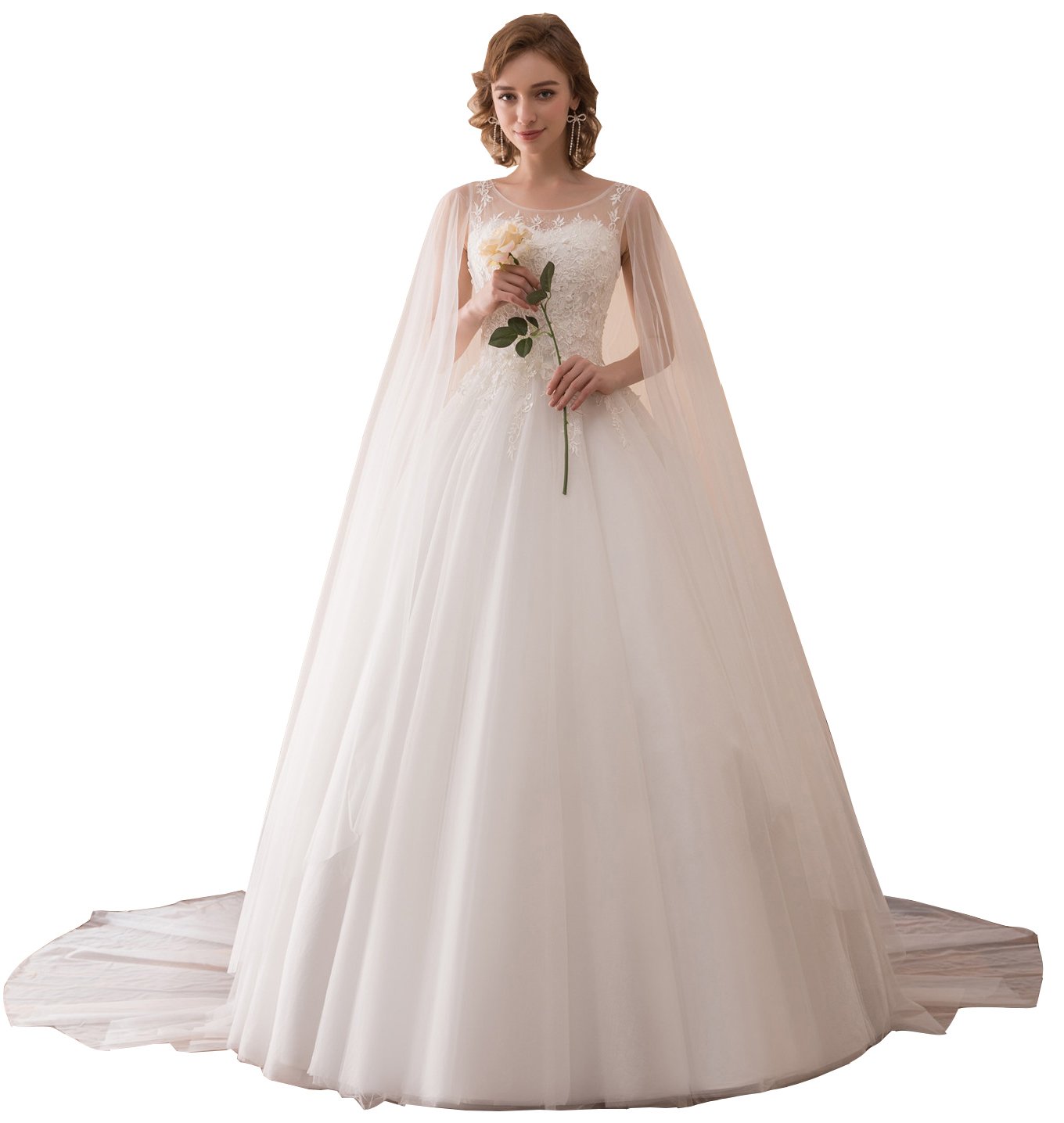 Elegant A-Line Lace Applique Tulle Wedding Dress with Detachable Shawl for Bride - Perfect for Church Ceremony, Beach Wedding & Romantic Photoshoot