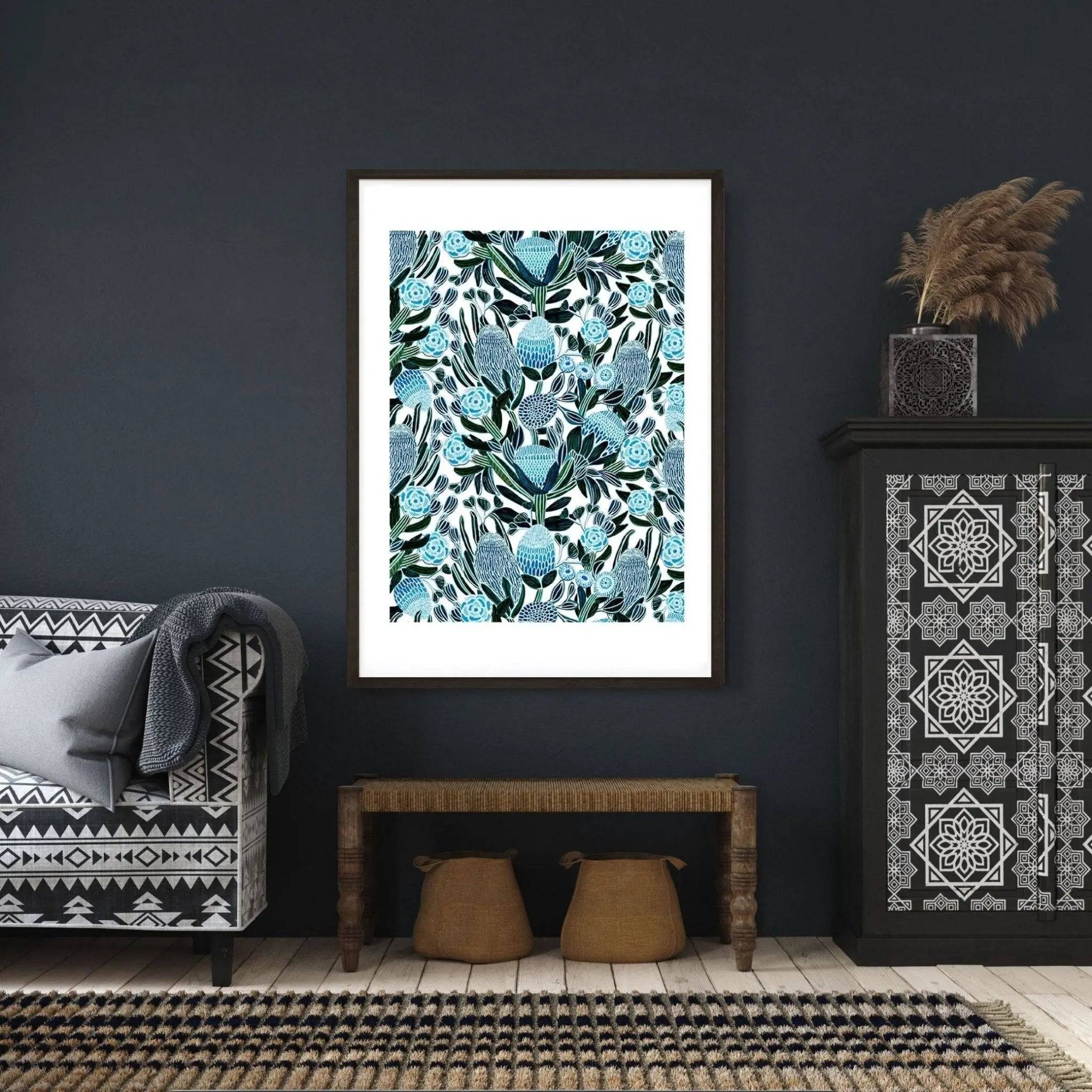 Blue Banksia Botanical Wall Art Print - Australian Floral Decor for Living Room, Bedroom & Office - Perfect for Home & Office Decor