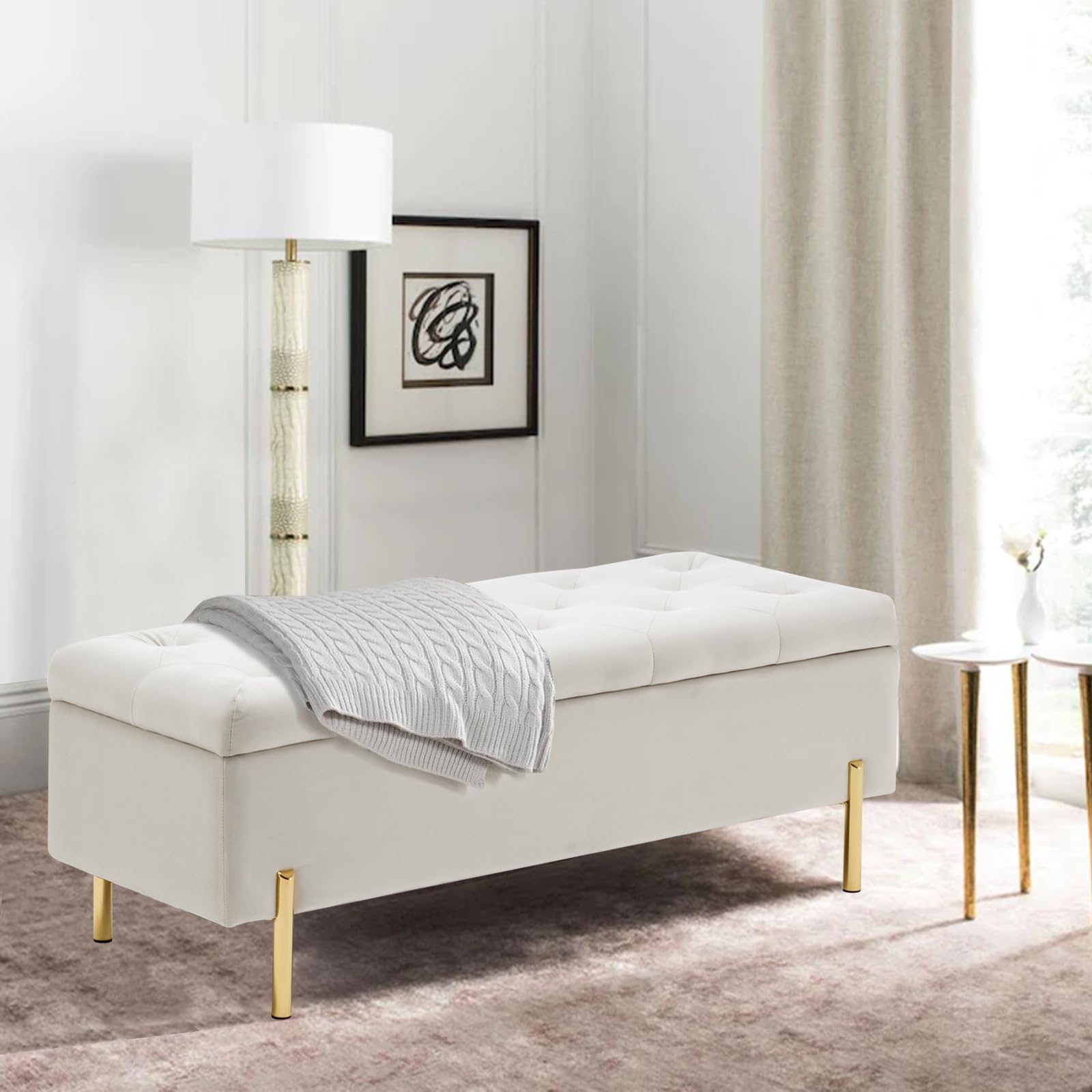Velvet Storage Bench Ottoman with Hidden Compartment - Tufted Upholstered Seat for Bedroom, Living Room & Entryway - Versatile Multi-Functional Furniture (Ivory) | Perfect for Extra Seating, Bedroom Decor & Entryway Organization