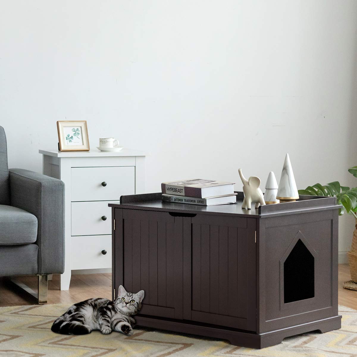 Tangkula Cat Litter Box Enclosure Furniture - Hidden Double Door Nightstand Pet House with Storage, Indoor Decorative Cabinet for Large Cats - Perfect for Living Room, Bedroom & Small Space Homes
