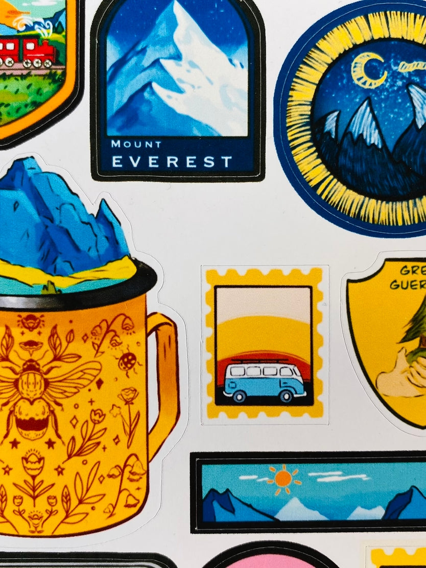 Camping Patches Sticker Sheet - Waterproof Outdoor Adventure Decals for Backpacks, Hiking Gear & Travel Accessories - Perfect for Camping, Hiking & Outdoor Enthusiasts