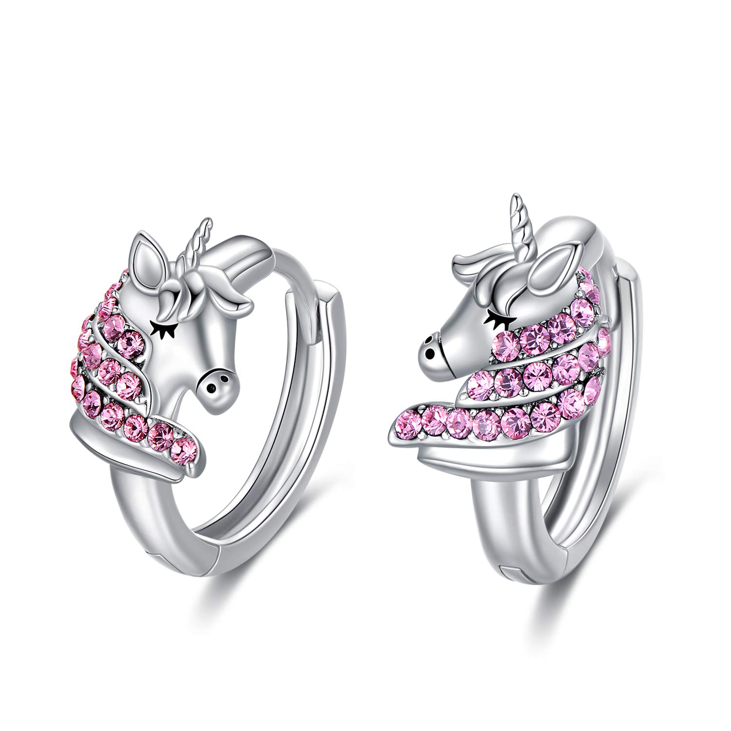 925 Silver Unicorn Hoop Earrings with Pink Crystals - Gift for Women & Girls | Birthday, Party, Everyday Wear