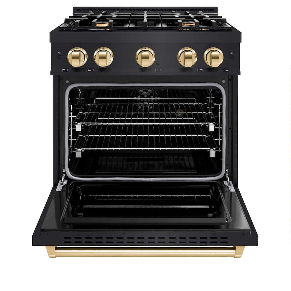 ZLINE Autograph Edition 30-inch 4.2 cu. ft. Dual Fuel Range - Black Stainless Steel with Gold Accents - 4 Gas Burners & Electric Convection Oven - Professional Kitchen Appliance for Home Chefs & Cooking Enthusiasts