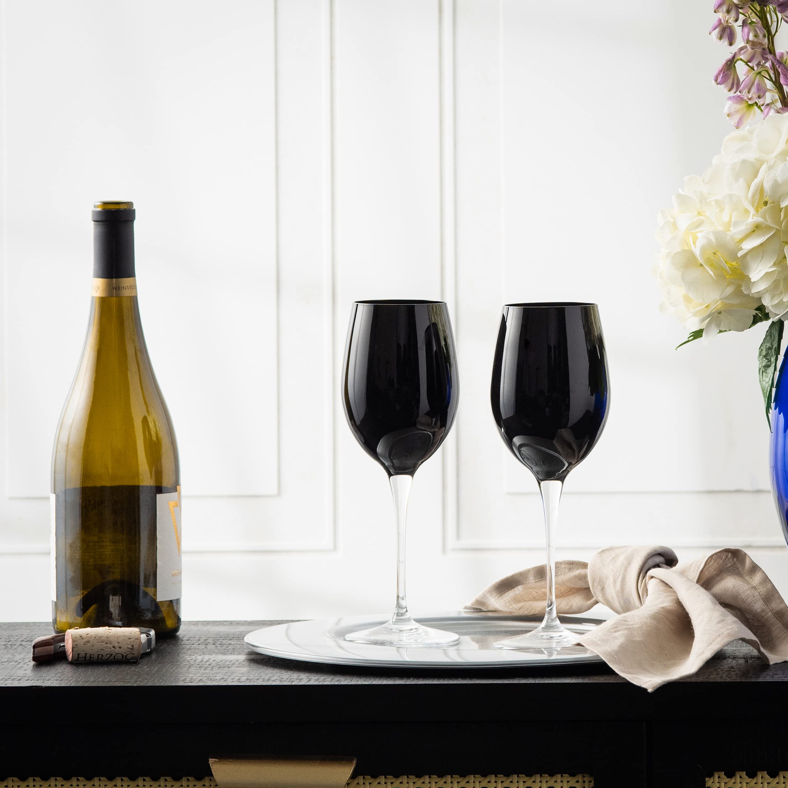 Premium Barski Crystal Goblet Set - 6 Elegant Stemmed White Wine Glasses (14 oz) - Bold Black Design, Made in Europe - Perfect for Fine Dining, Wedding Receptions & Home Entertaining