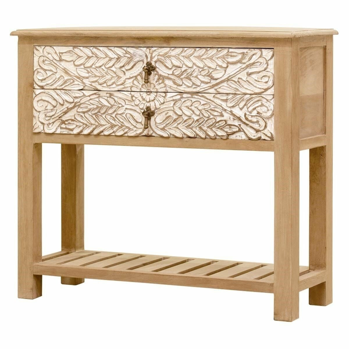 Floral Carved Solid Wood 2-Drawer Hallway Console Table - Elegant Entryway Furniture for Living Room, Bedroom & Foyer Decor