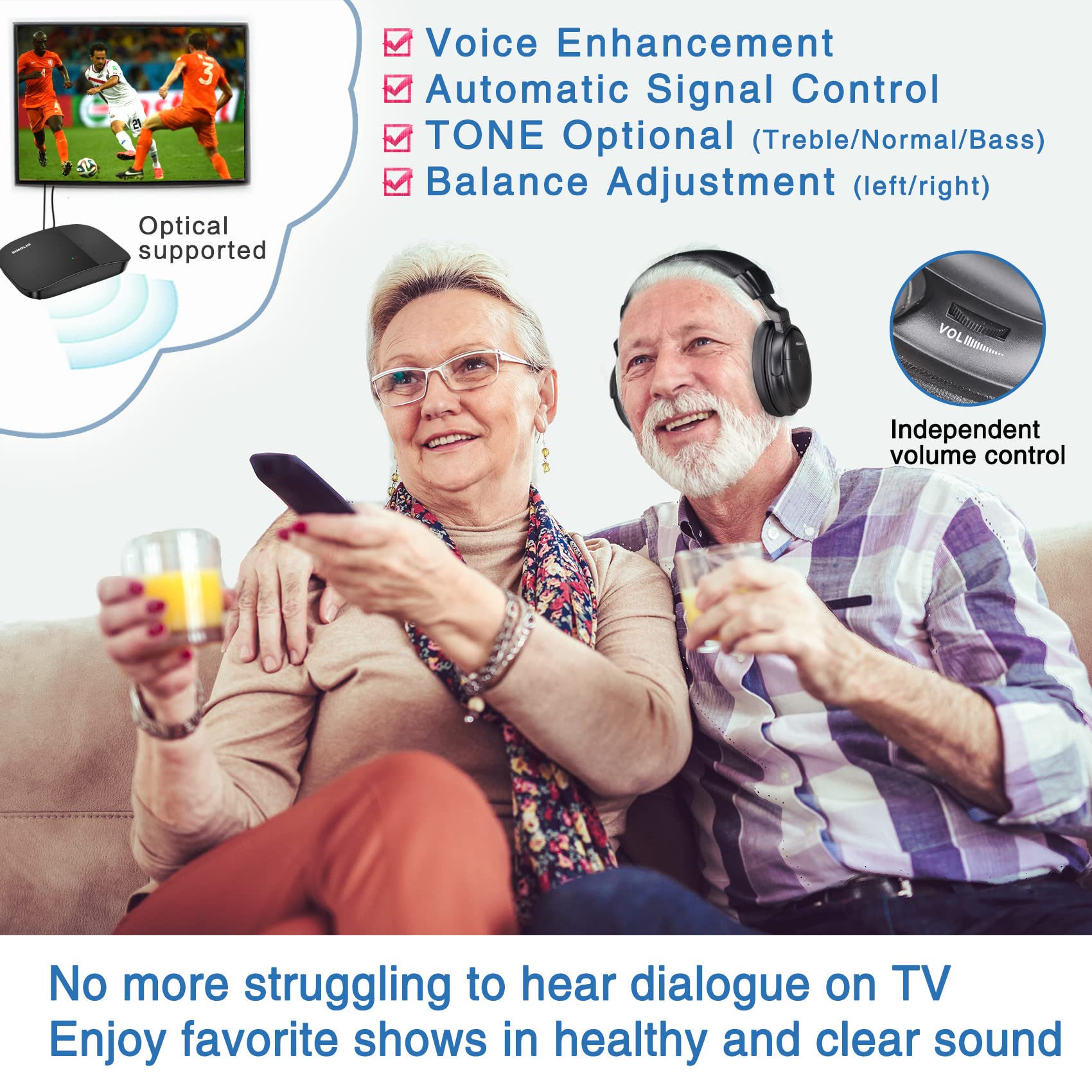 SIMOLIO SM-825D Pro Wireless TV Headphones for Seniors - Clear Dialogue, Enhanced Volume, 2.4G Transmitter with 100ft Range | Digital Optical/RCA/AUX Inputs | Includes Spare Battery | No Delay Over-Ear Headset - Perfect for Watching TV, Movies & Hearing Assistance at Home