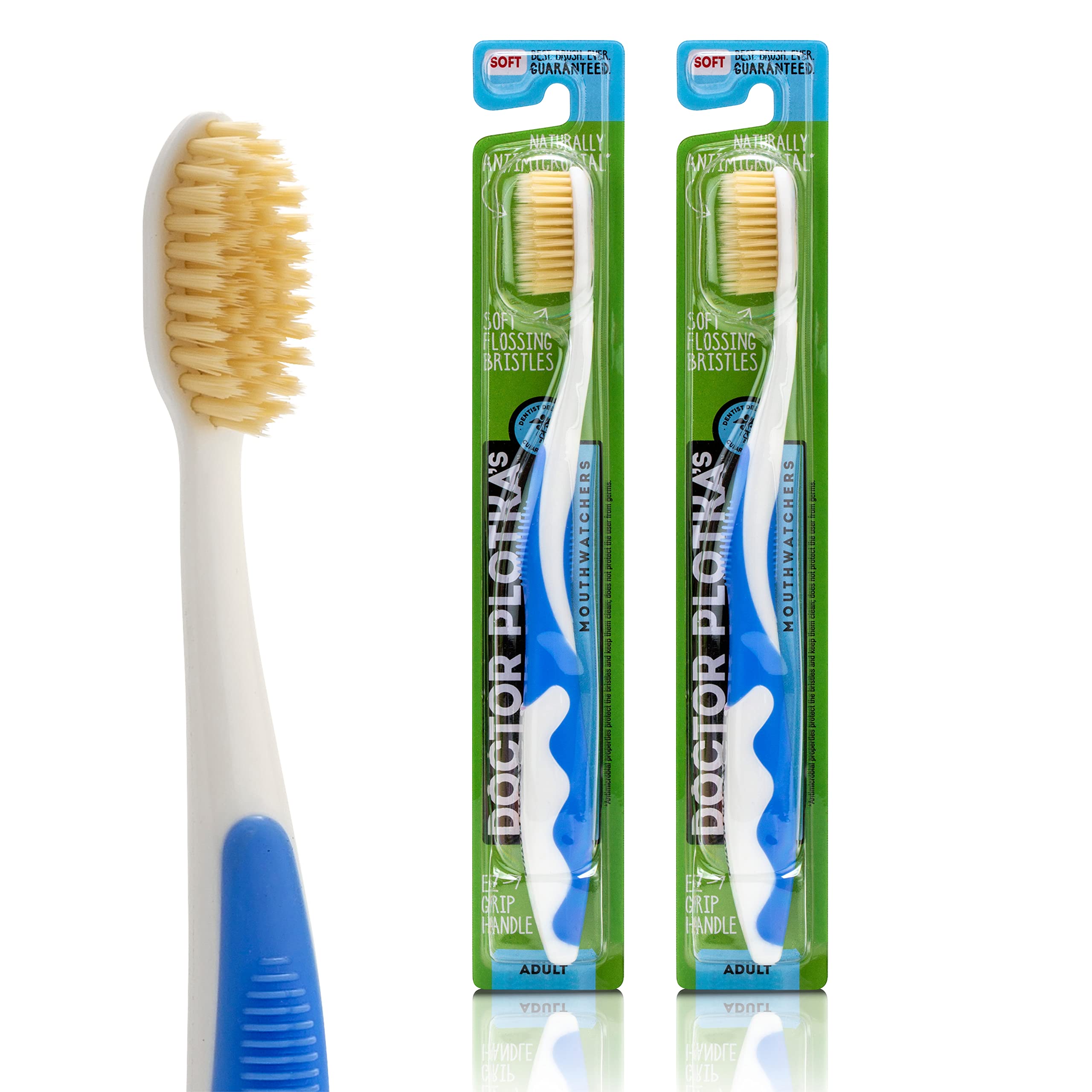 MOUTHWATCHERS Soft Flossing Toothbrush 2-Pack - Ultra Clean Manual Soft Bristle Toothbrush for Adults & Sensitive Teeth - Dentist Designed by Dr. Plotka - Perfect for Travel, Home & Office Use