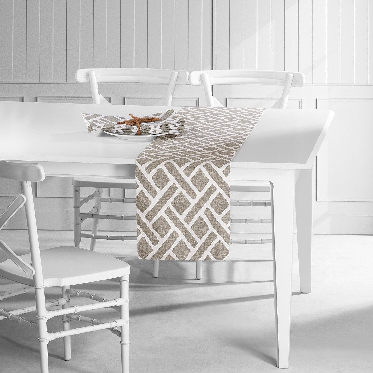 Martinique Taupe Geometric Printed Cotton Table Runner & Placemats Set - Elegant Dining Table Decor for Thanksgiving, Christmas, and Dinner Parties
