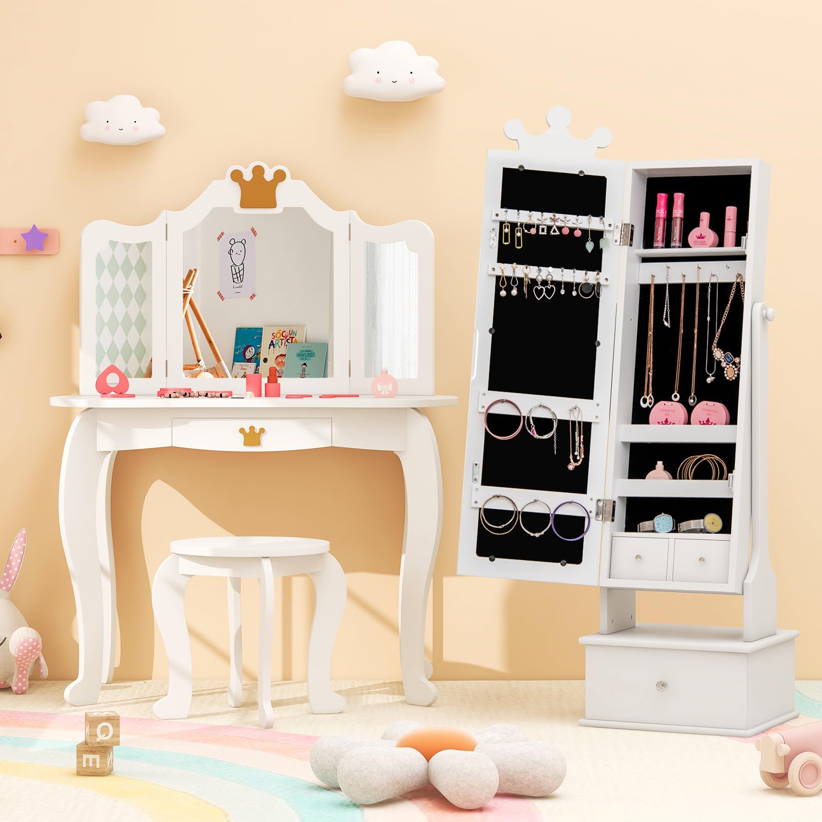 Costzon Kids Jewelry Armoire with Mirror & Drawers - White Vanity Organizer for Girls' Room