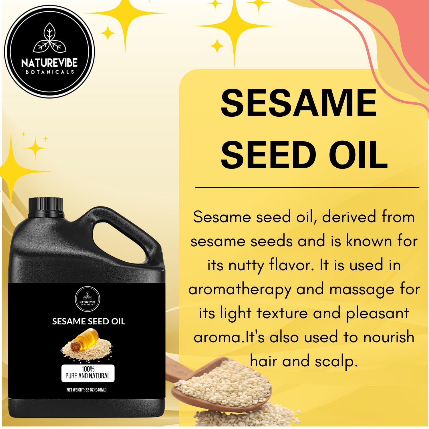 **Naturevibe Botanicals Organic Sesame Seed Oil & Sweet Almond Oil Combo - 32oz Each | Cold-Pressed, Unrefined for Hair, Skin & Massage | Cooking & DIY Beauty Recipes**