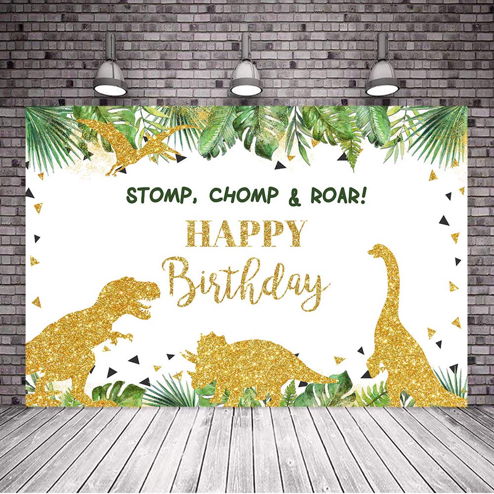 **Avezano 7x5ft Gold Safari Dinosaur Birthday Backdrop - Jungle Dino Party Background Vinyl Glitter Decor for Happy Birthday, Baby Shower & Kids Room Decoration**