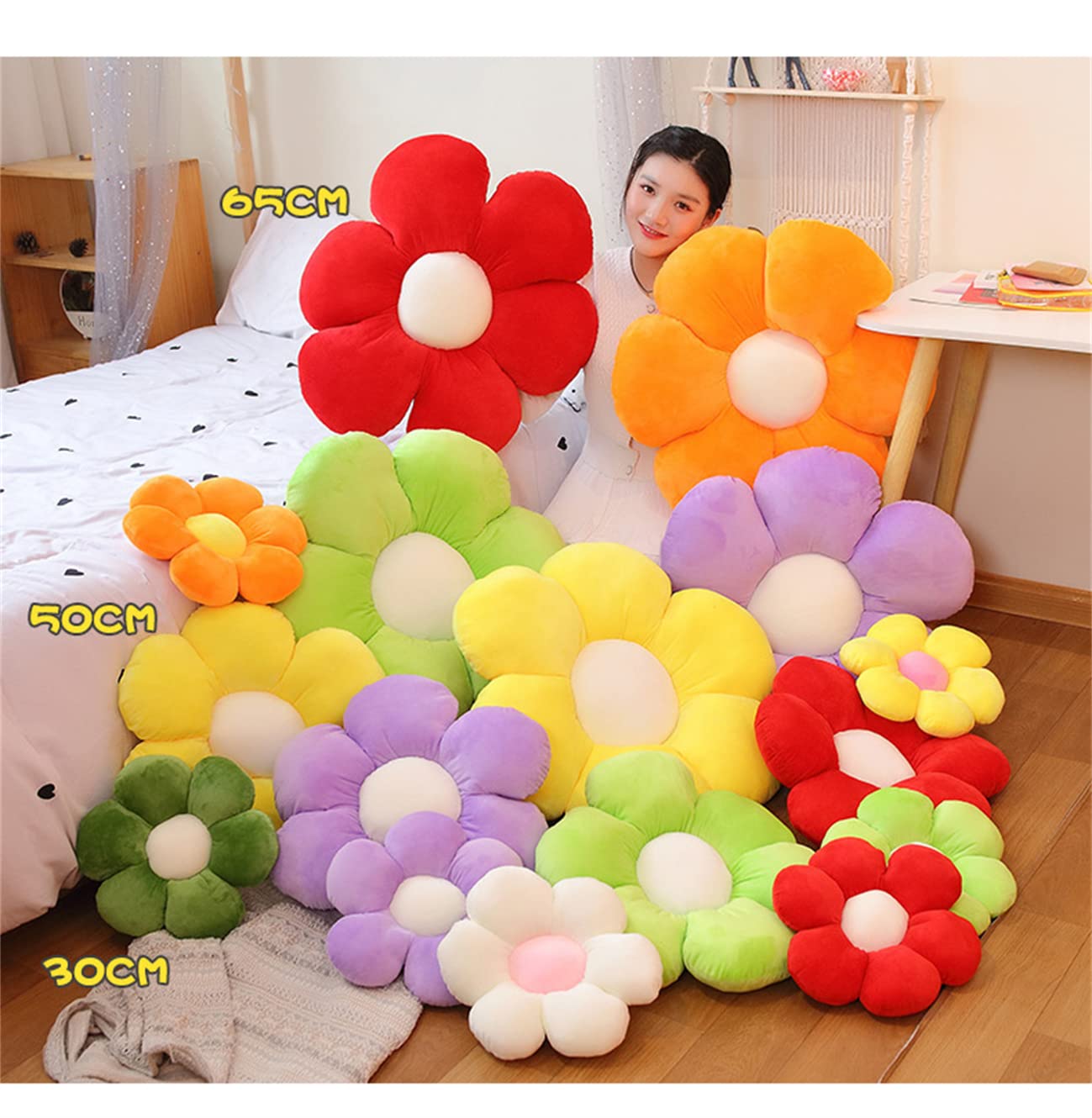 Plush Flower Cushion - 30x30cm Velvet Pillow for Sofa & Floor Decor - Orange