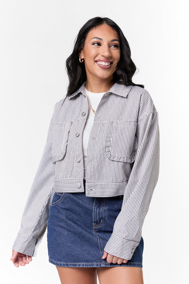 Say It Again Navy Striped Denim Jacket for Women - Vintage Style Denim Coat with Striped Design - Perfect for Casual Outfits, Spring Layering & Streetwear Fashion