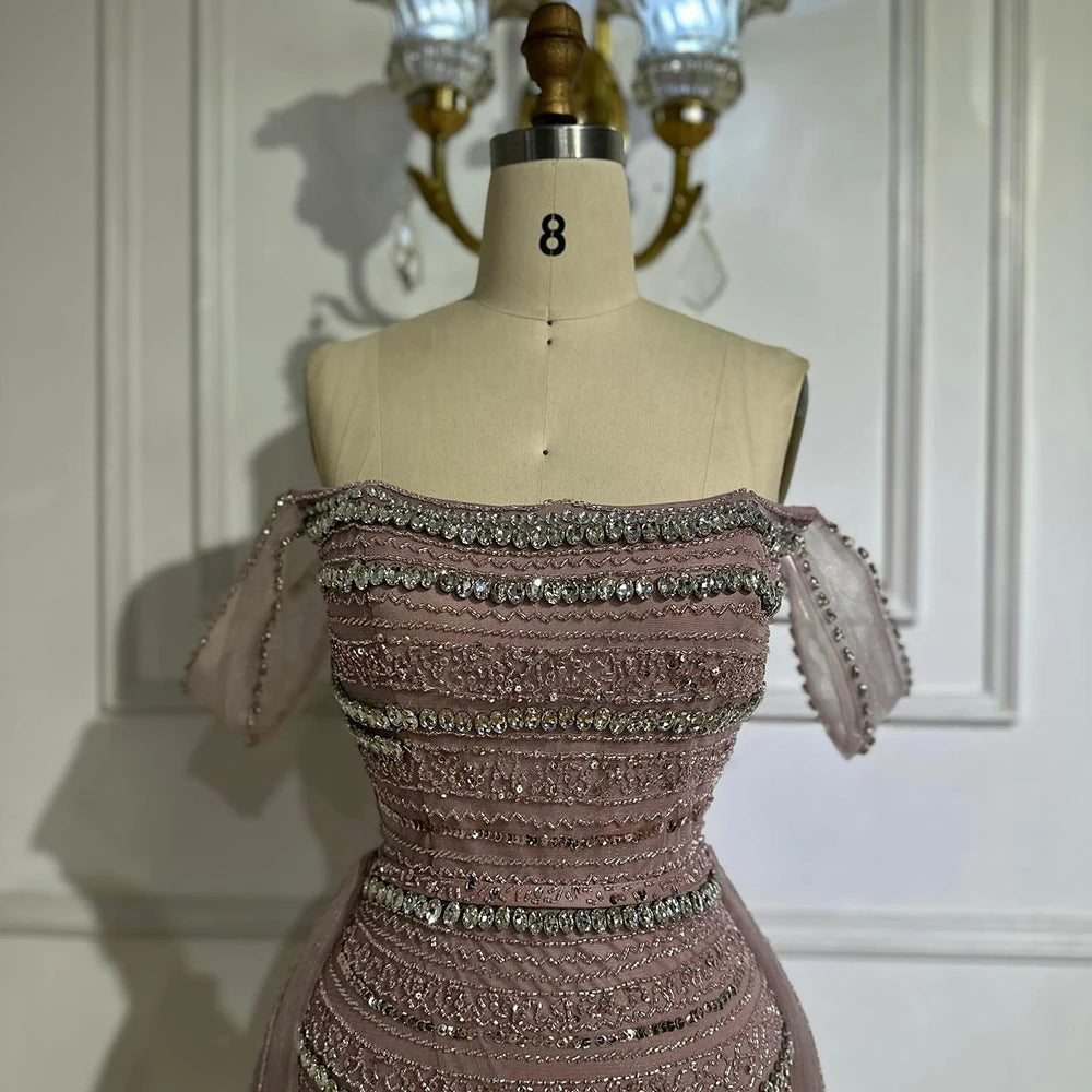 Elegant Dubai Arabic Pink Mermaid Beaded Evening Gown with Detachable Satin Overskirt - Formal Dress for Weddings, Galas & Special Occasions LA72781