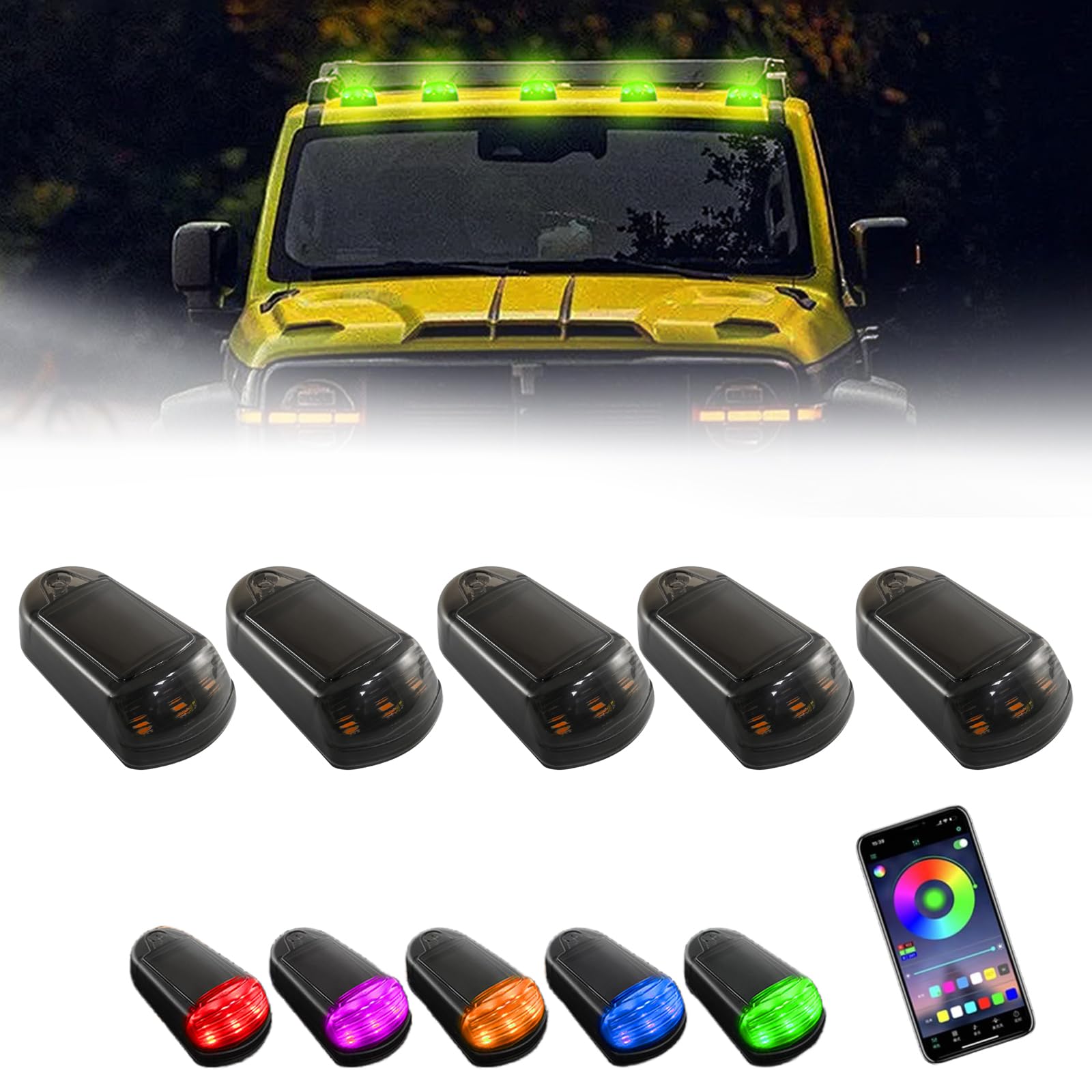 2024 Solar Truck Cab Lights - Wireless, 7 Colors, App Control for Cars & Trucks