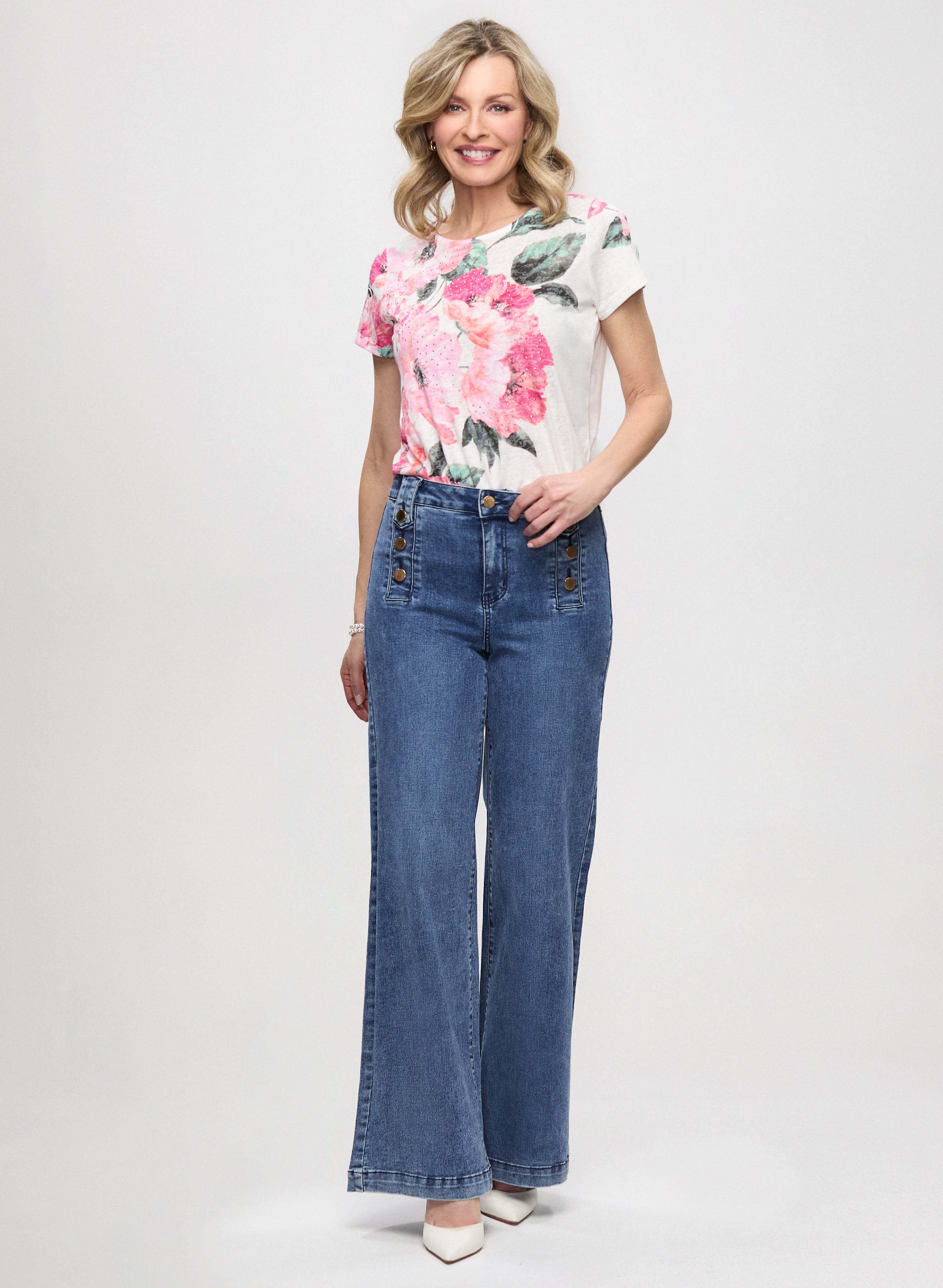 Floral Print Drawstring T-Shirt & Wide Leg Jeans for Women - Casual Summer Outfit for Beach, Shopping and Date Night