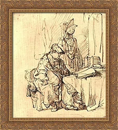 Rembrandt Inspired 20x22 Gold Ornate Wood Framed Canvas Art - Scholar Reading at Book Covered Table - Perfect for Study, Library & Office Decor