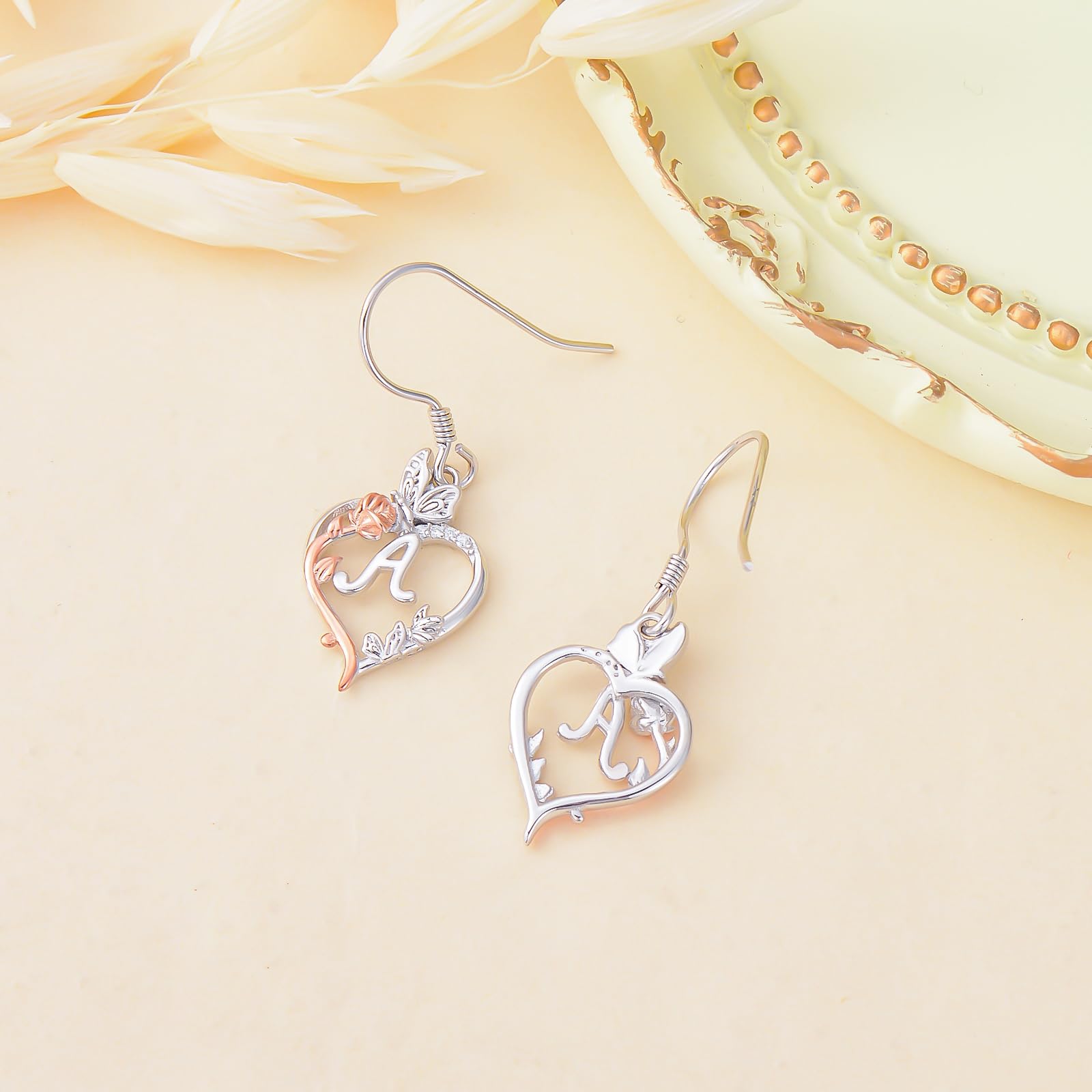 TOUPOP Sterling Silver Rose Heart Initial Earrings with Butterfly Charm - Personalized Birthday Jewelry Gifts for Women, Her, Girlfriend - Perfect for Valentine's Day, Anniversary & Special Occasions
