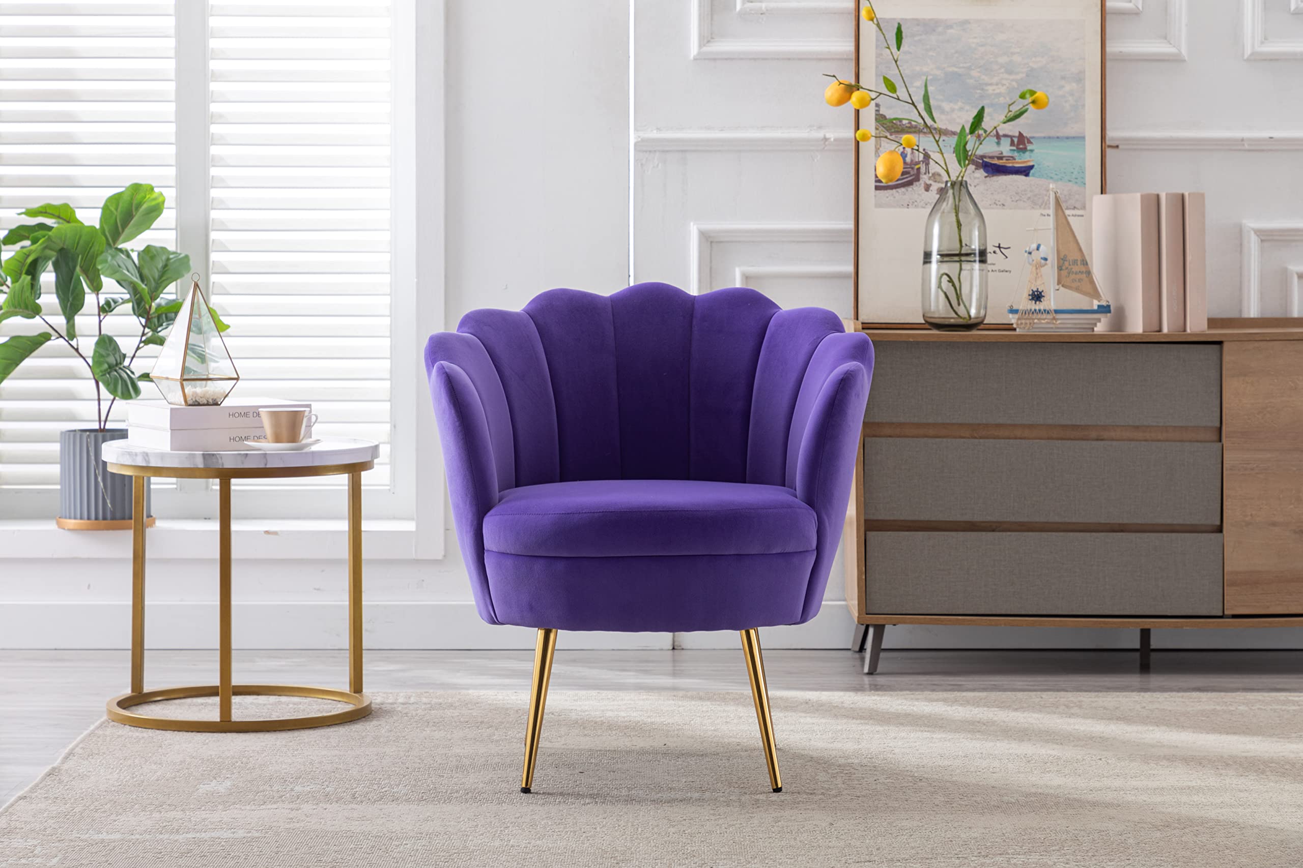 ZOBIDO Modern Velvet Accent Chair - Comfy Upholstered Armchair with Golden Metal Legs for Bedroom, Living Room, Vanity & Dining - Perfect Makeup Chair, Desk Chair & Lounge Seating (Purple)