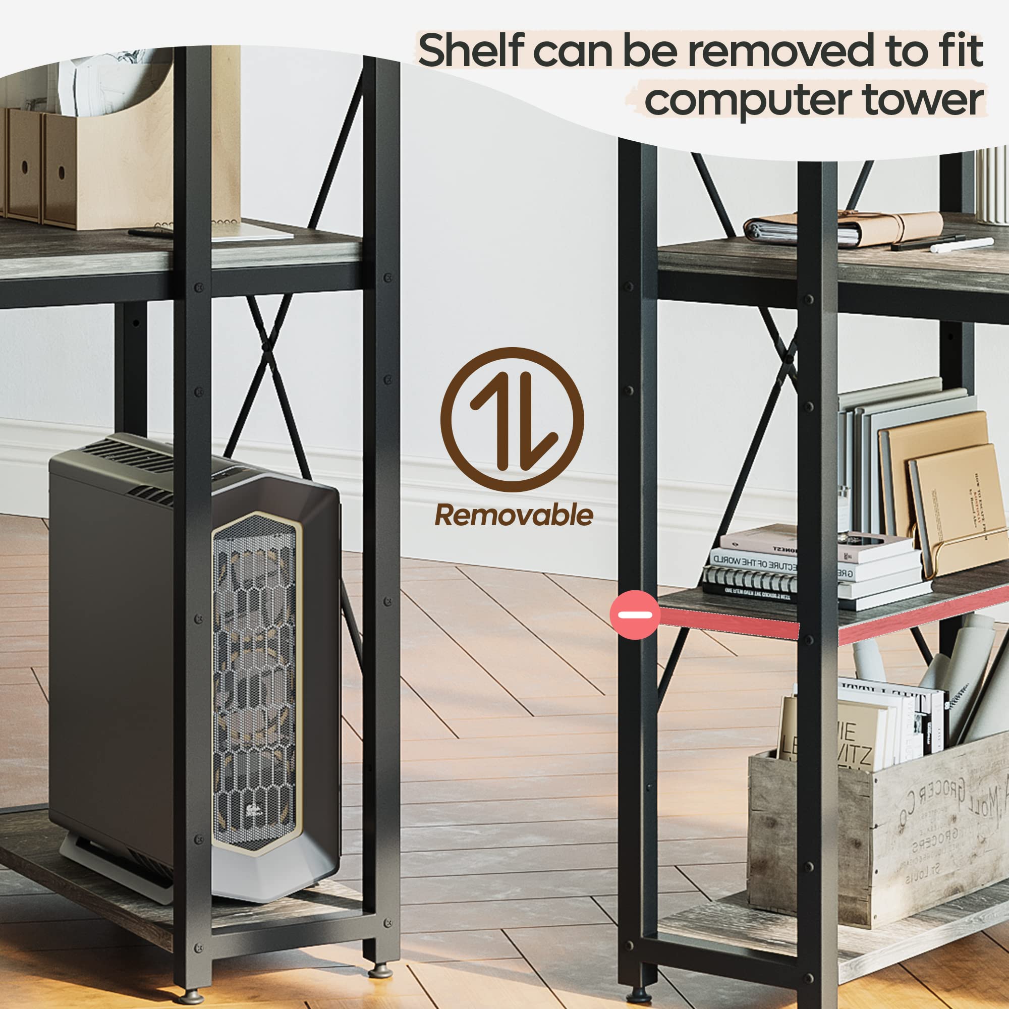 Bestier 55 Inch Computer Desk with Storage Shelves - Reversible Bookshelf Home Office Desk, Spacious Leg Room & Easy Assembly, Grey - Perfect for Small Spaces, Gaming & Remote Work Setup