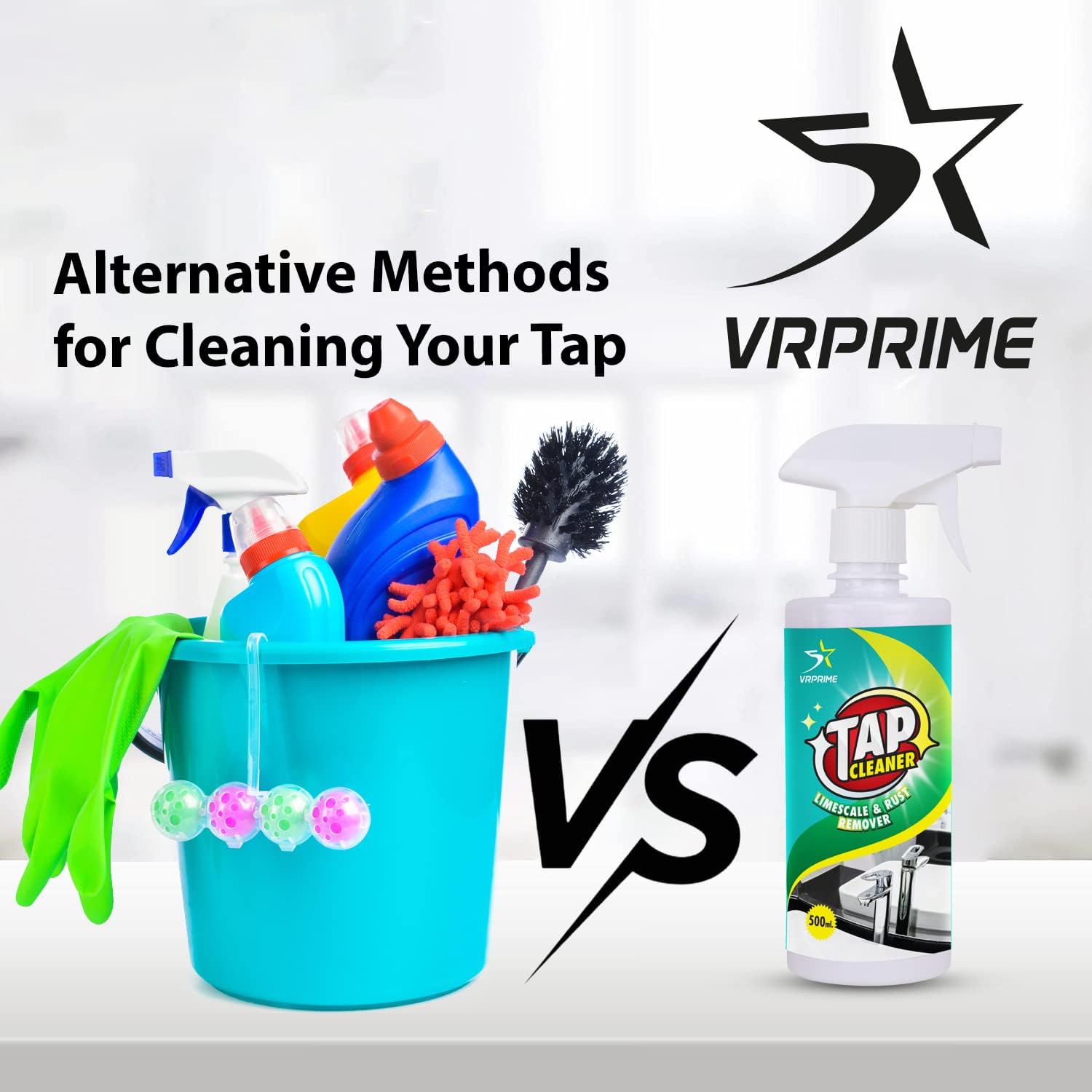 VRPRIME Tap Cleaner - Powerful Limescale & Hard Water Stain Remover for Bathroom Taps, Showers, Sinks & Tiles | All-Purpose Bathroom Cleaning Liquid for Stain Removal | Perfect for Kitchen, Bathroom & Glass Surfaces (500ml)