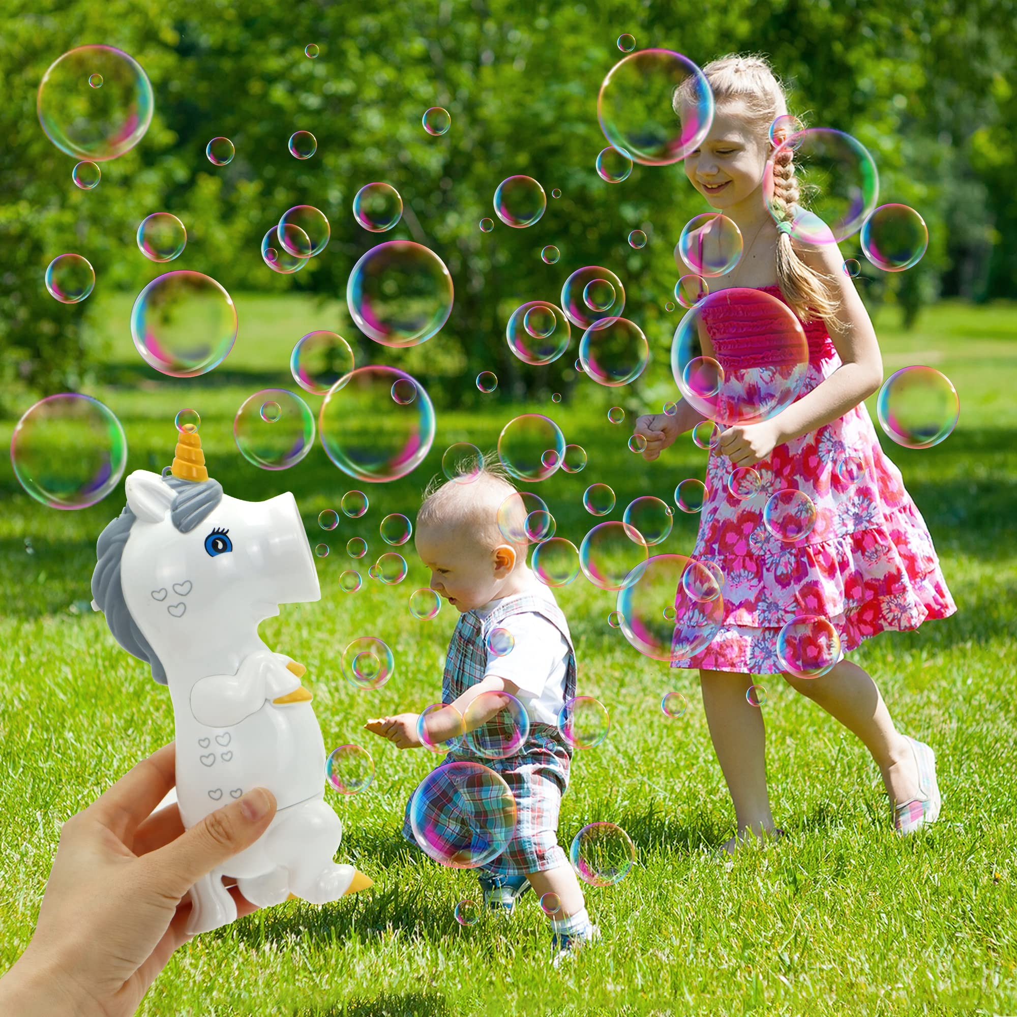 JOYIN Unicorn Bubble Blower Wand with Music & LED Lights | Bubble Gun with Bubble Solution | Birthday Party Favors & Summer Outdoor Toys | Fun for Kids, Pool Parties & Backyard Activities