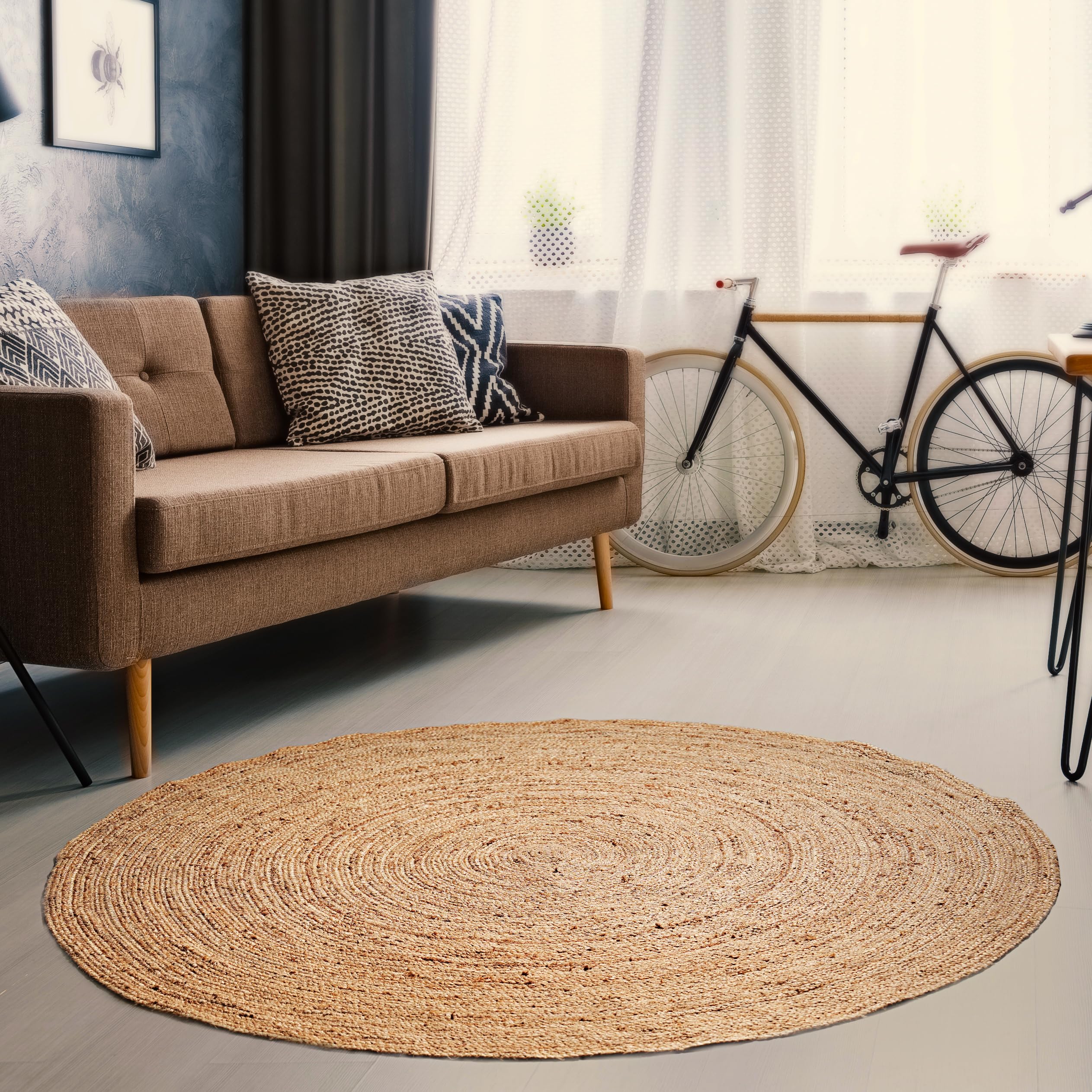 Hausattire 4' Round Hand Woven Jute Braided Rug - Natural Reversible Boho Farmhouse Floor Mat for Kitchen, Living Room, Entryway | Eco-Friendly Home Decor, Non-Slip Dining Area Rug, Perfect for Cozy Spaces & High Traffic Areas