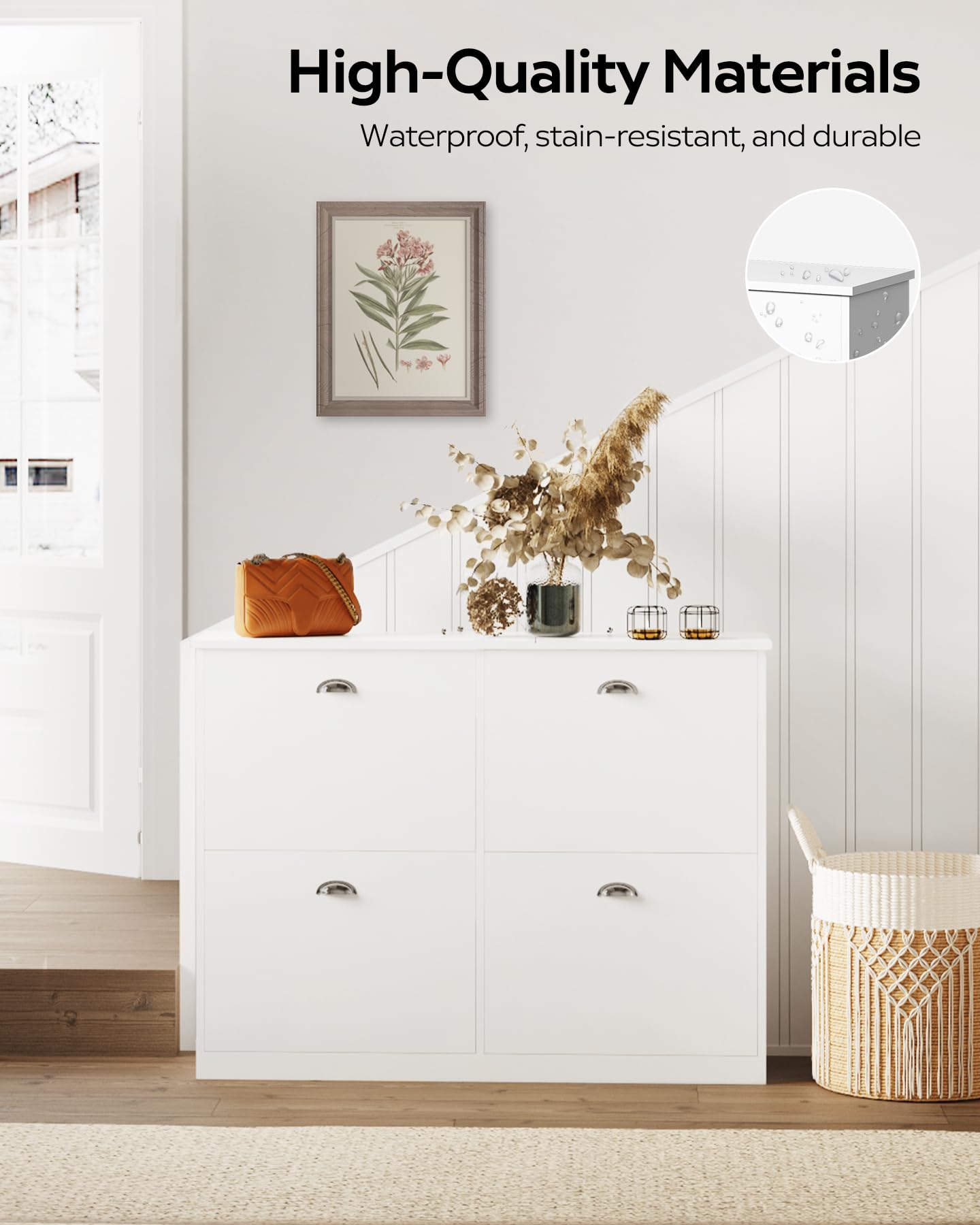 Slim White Shoe Cabinet with 4 Hidden Drawers - Space Saving Narrow Shoe Rack for Entryway, Foyer, Hallway & Bedroom Storage - Perfect for Small Apartments & Closet Organization