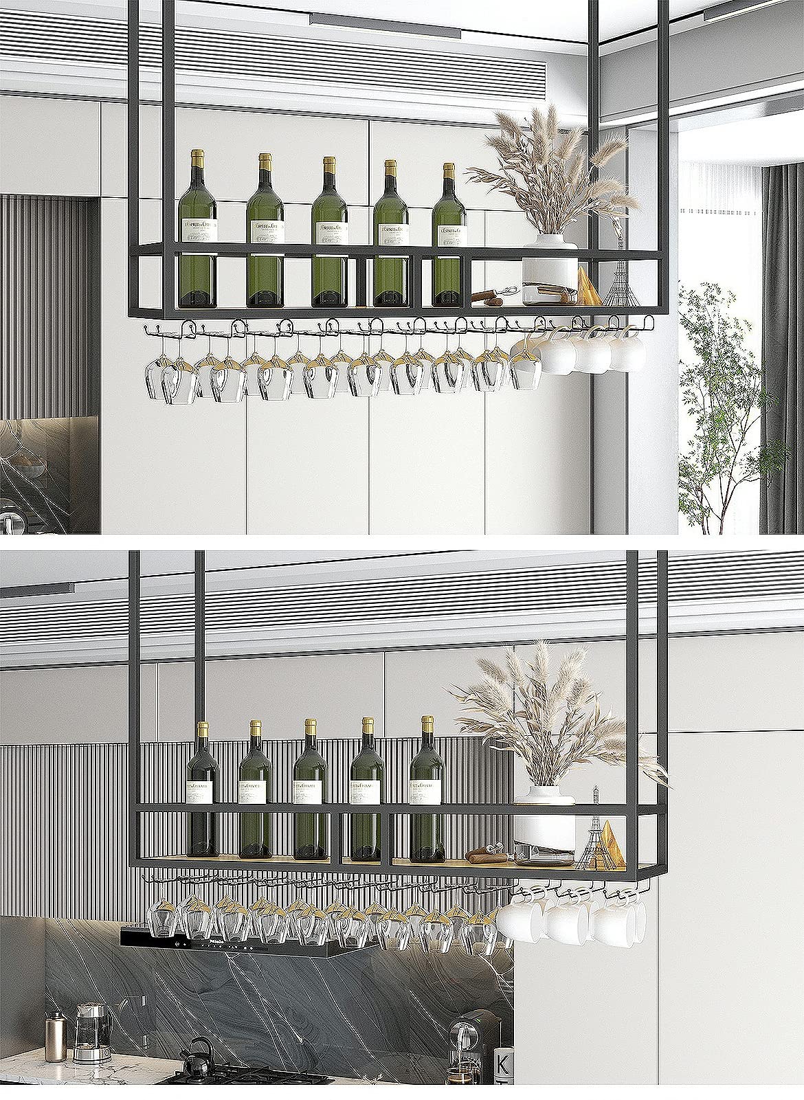 Black Metal Ceiling Mount Wine Rack with Stemware Glass Shelf - Space-Saving Hanging Bottle Storage for Kitchen, Bar, Restaurant & Home Decor - Perfect for Under Cabinet Installation & Wine Display