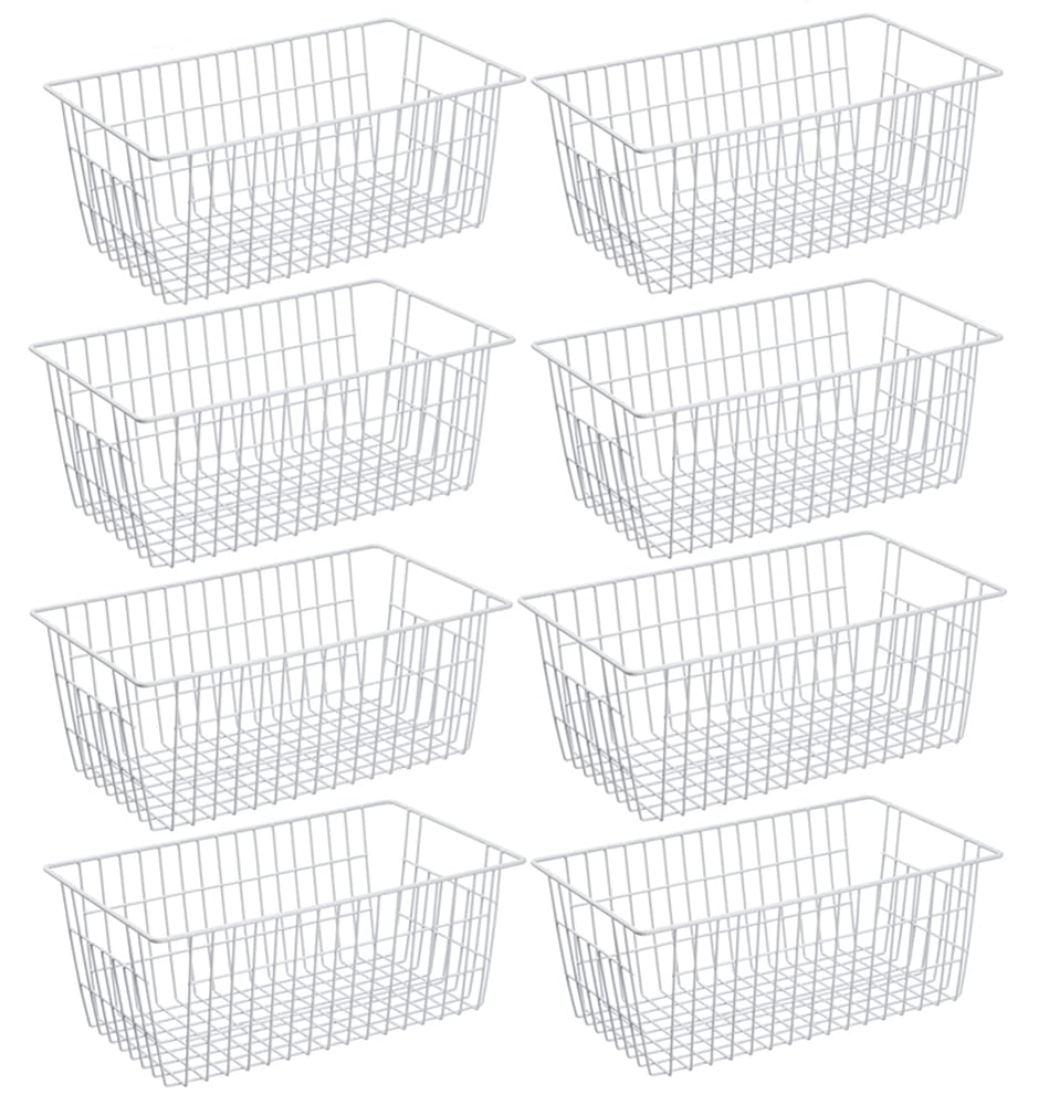 SANNO 8-Pack White Freezer Baskets - Farmhouse Style Wire Storage Bins for Kitchen Pantry Organization, Large Metal Organizer Bins for Freezer, Fridge, Groceries & Home Storage - Perfect for Fruits, Vegetables & Bulk Food Storage