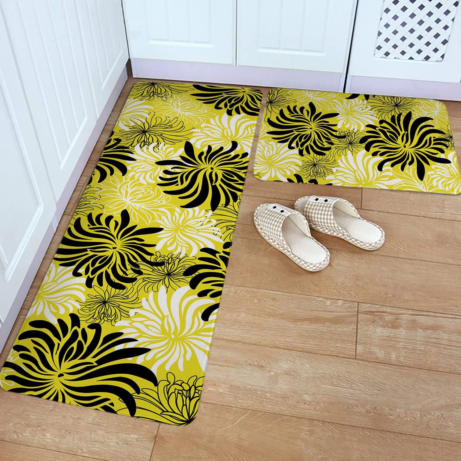 2-Pack Black & White Chrysanthemum Kitchen Rugs - Non-Slip Absorbent Floor Mats for Kitchen, Bathroom, Living Room & Laundry - Fall Decor Runner Set with Yellow Backdrop | Perfect for Home Decor, Holiday Gifts & Cozy Autumn Vibes