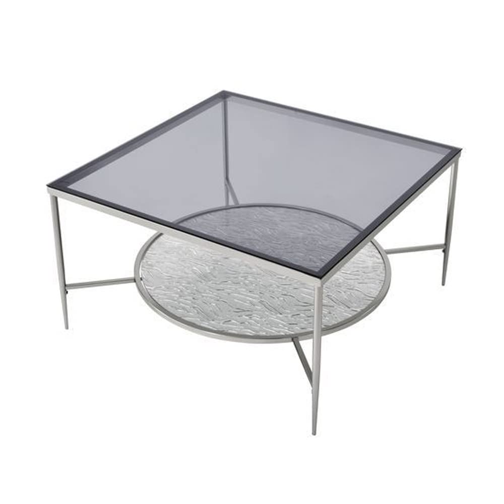Benjara Modern Round Coffee Table with Textured Shelf - Silver Finish for Living Room, Lounge & Office Decor