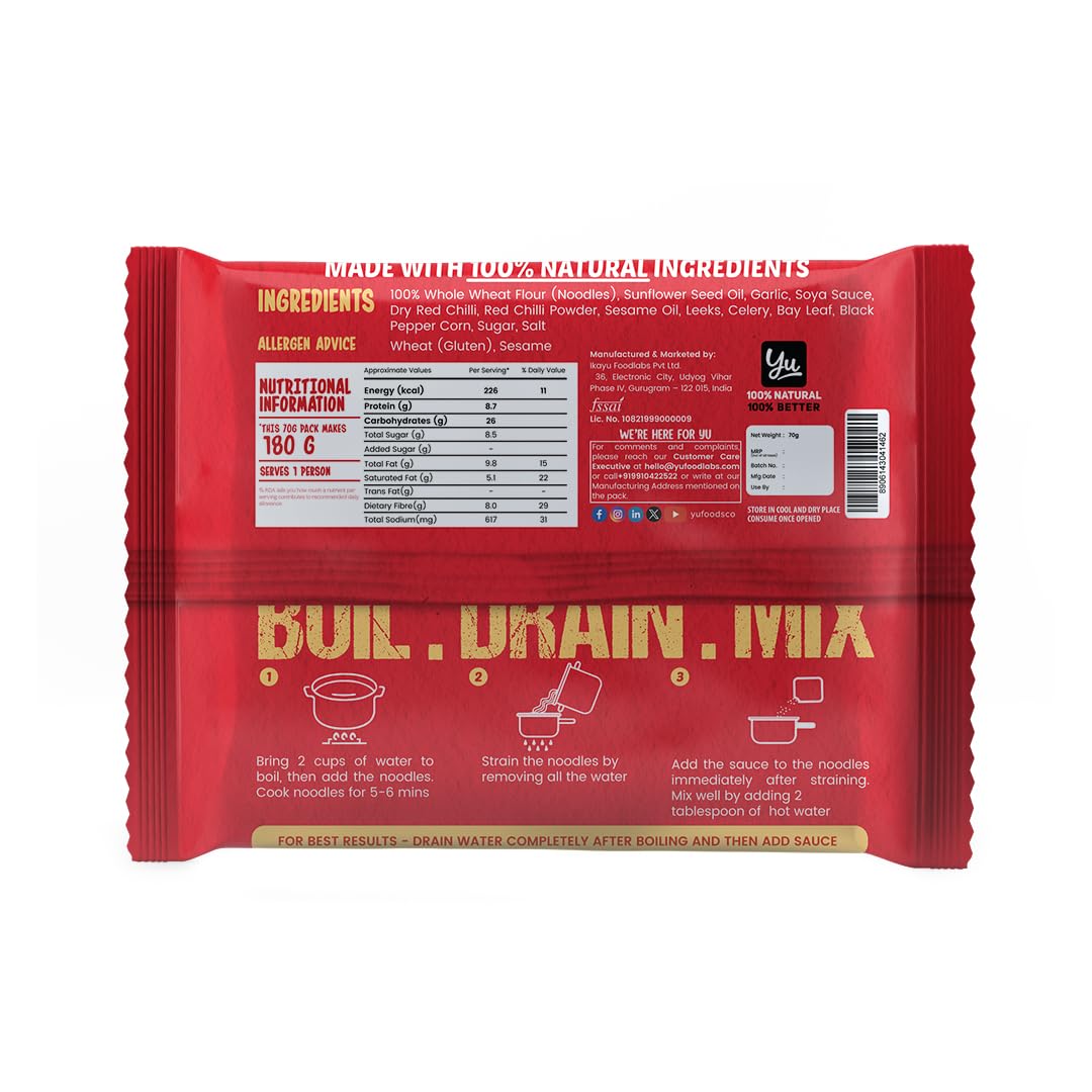Yu Foodlabs 100% Whole Wheat Hot & Sweet BBQ Instant Noodles - No Preservatives, No Oil, No MSG - Ready in 6 Minutes - Vegetarian Atta Noodles - 420g (6 Packs x 70g) - Perfect for Quick Meals, Camping & Office Lunches