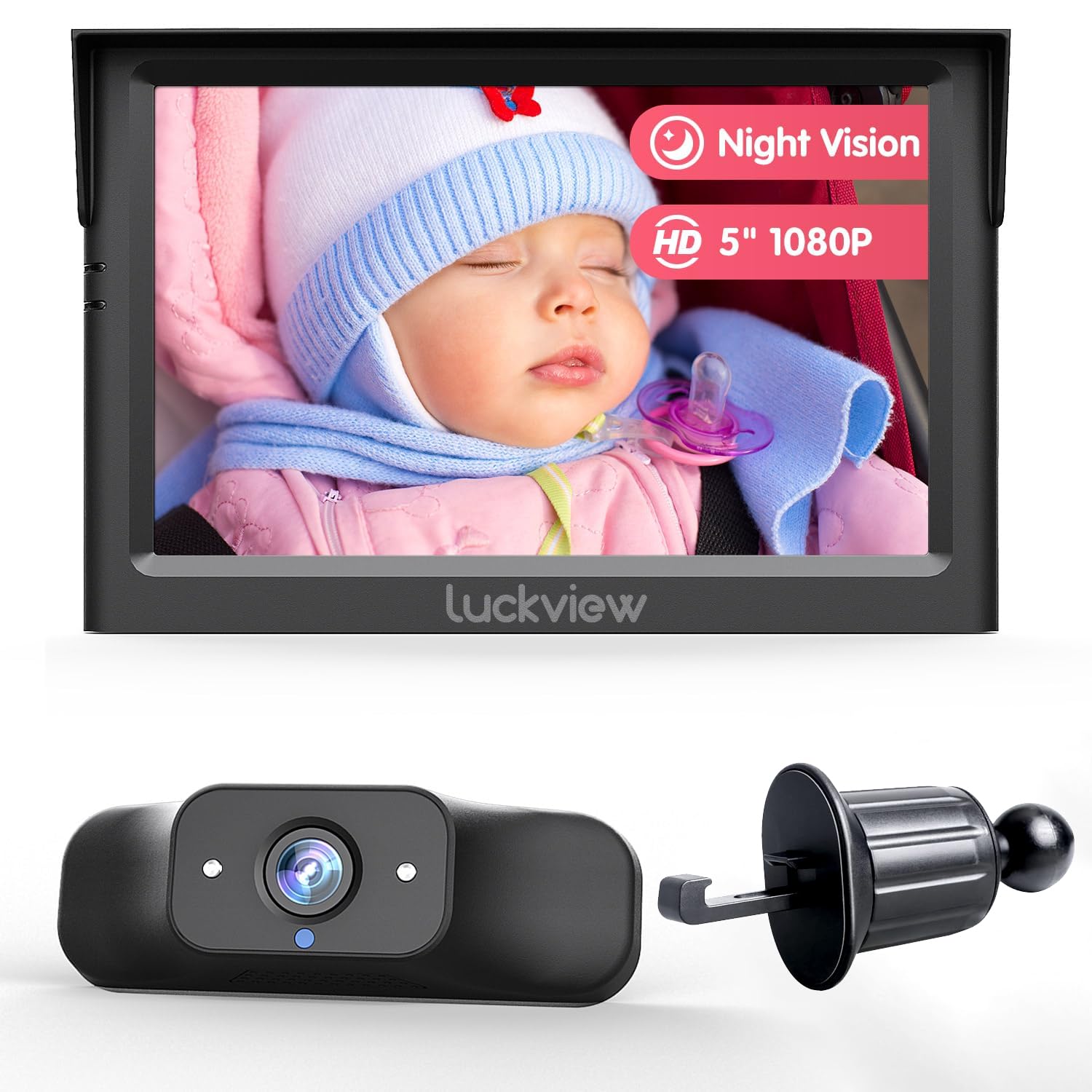 BM1 Baby Car Camera with Air Vent Clip - 5'' 1080P HD Monitor with IR Night Vision & 3X Zoom for Rear Facing Back Seat - Easy 5 Minute Installation - Perfect for Safe Driving with Kids in SUV, Minivan or Family Car