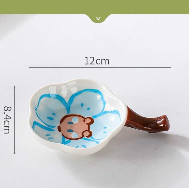 Floral Condiments Dish with Chopsticks Rest - Elegant Ceramic Soy Sauce Plate for Sushi, Dumplings & Asian Cuisine - Perfect for Dining Table, Kitchen & Party Serving