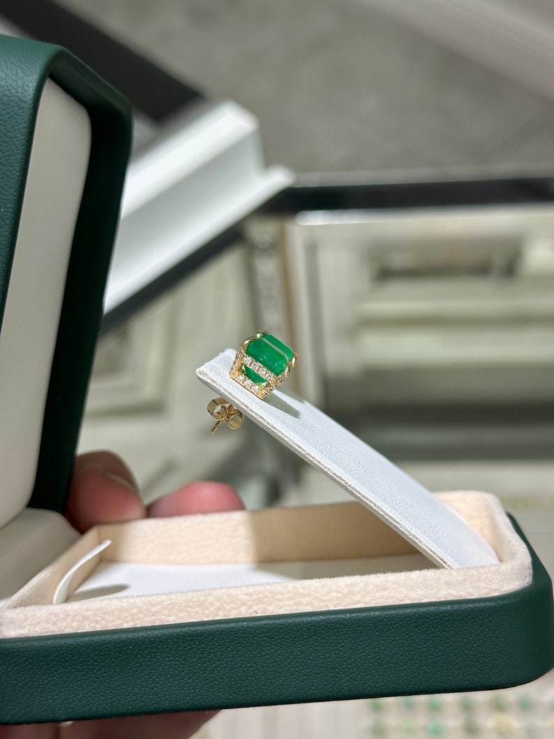 9.28tcw 18K Colombian Emerald & Diamond Stud Earrings - Asscher Cut, Prong Set 750 Gold - Perfect for Weddings, Anniversaries & Special Occasions