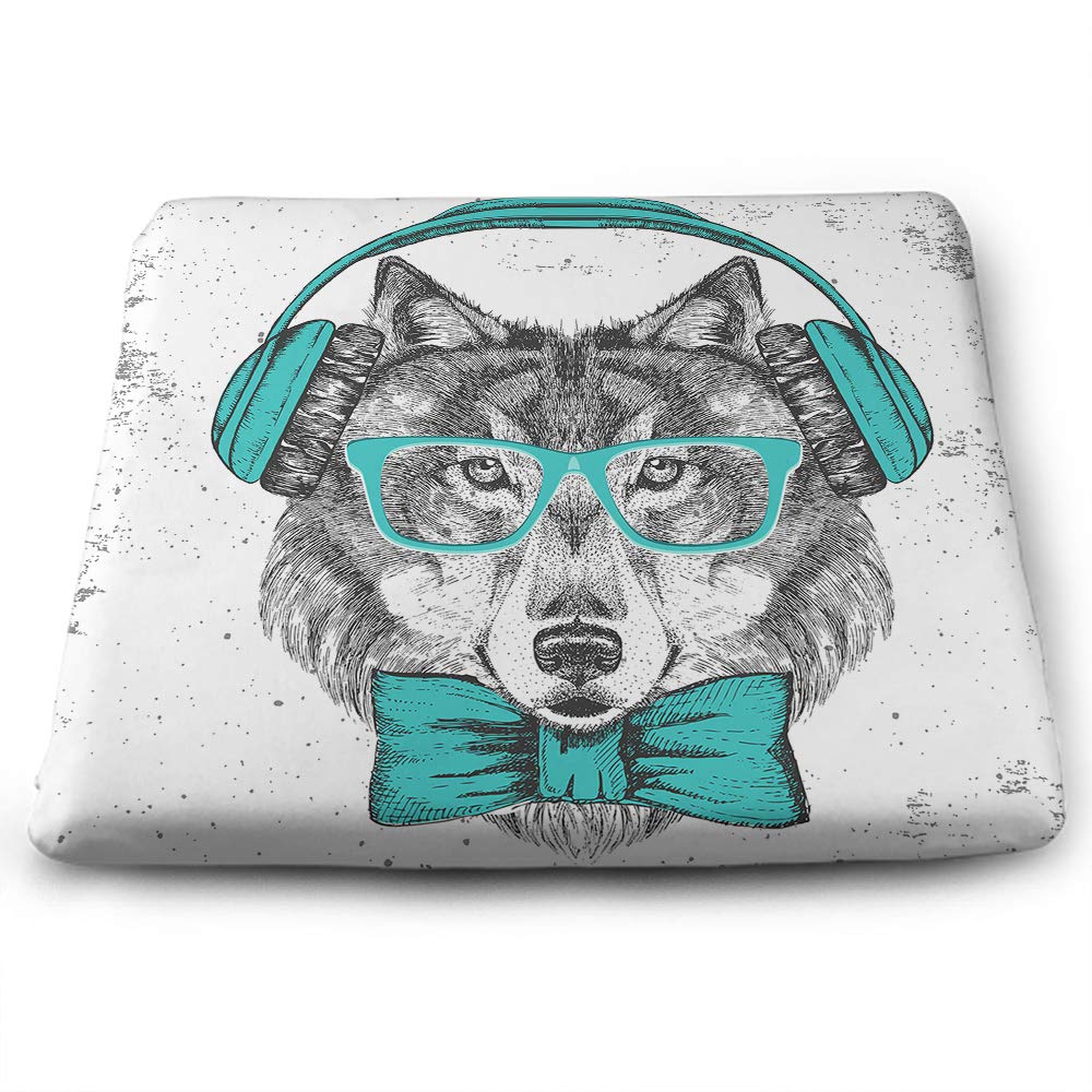 Wolf Square Seat Cushion - Retro Hipster Animal Design with Green Headphones, Sunglasses & Bow Tie - Black & White Non-Slip Office, Bar Stool & Car Chair Cushion (13.7x15 Inch) - Ultra Soft Comfort for Home, Cafe & Work Spaces