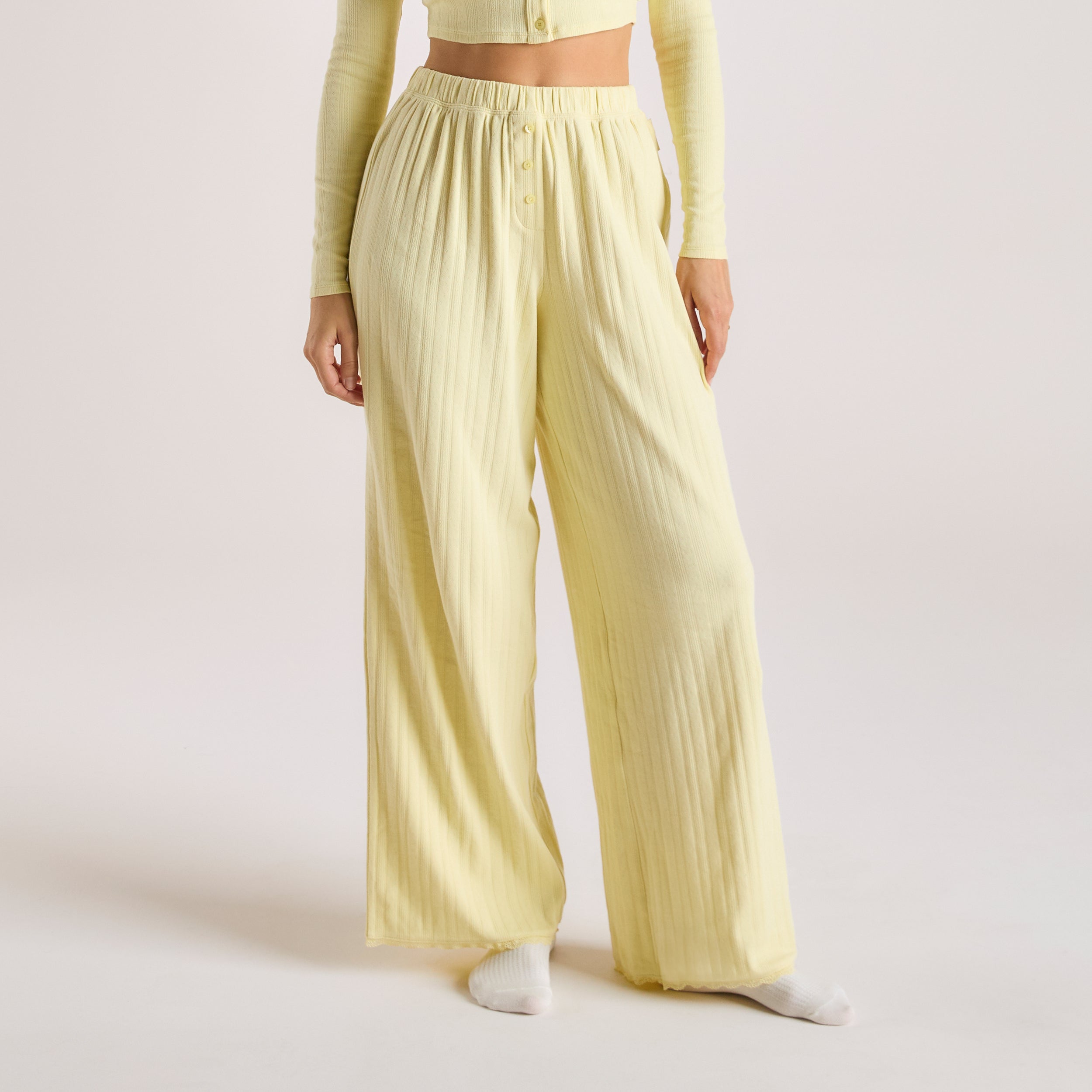 Buttercup Yellow Pointelle Pajama Pants for Women - Soft & Comfortable Sleepwear for Lounge & Relaxation at Home