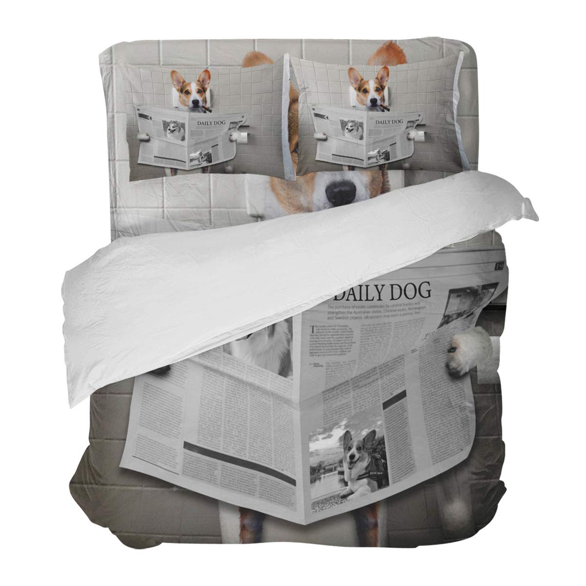 4-Piece Funny Corgi with Cigar on Toilet Duvet Cover Set - California King Size Luxury Soft Bedding with Decorative Pillowcases - Perfect for Dog Lovers' Bedroom Decor and Gift Giving