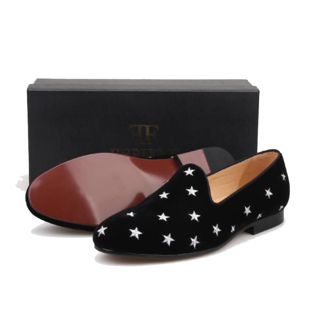 FERUCCI Handmade Men's Black Velvet Loafers with Silver Star Design - Comfortable House Slippers for Indoor/Outdoor Wear, Perfect for Lounge, Travel and Gift Giving
