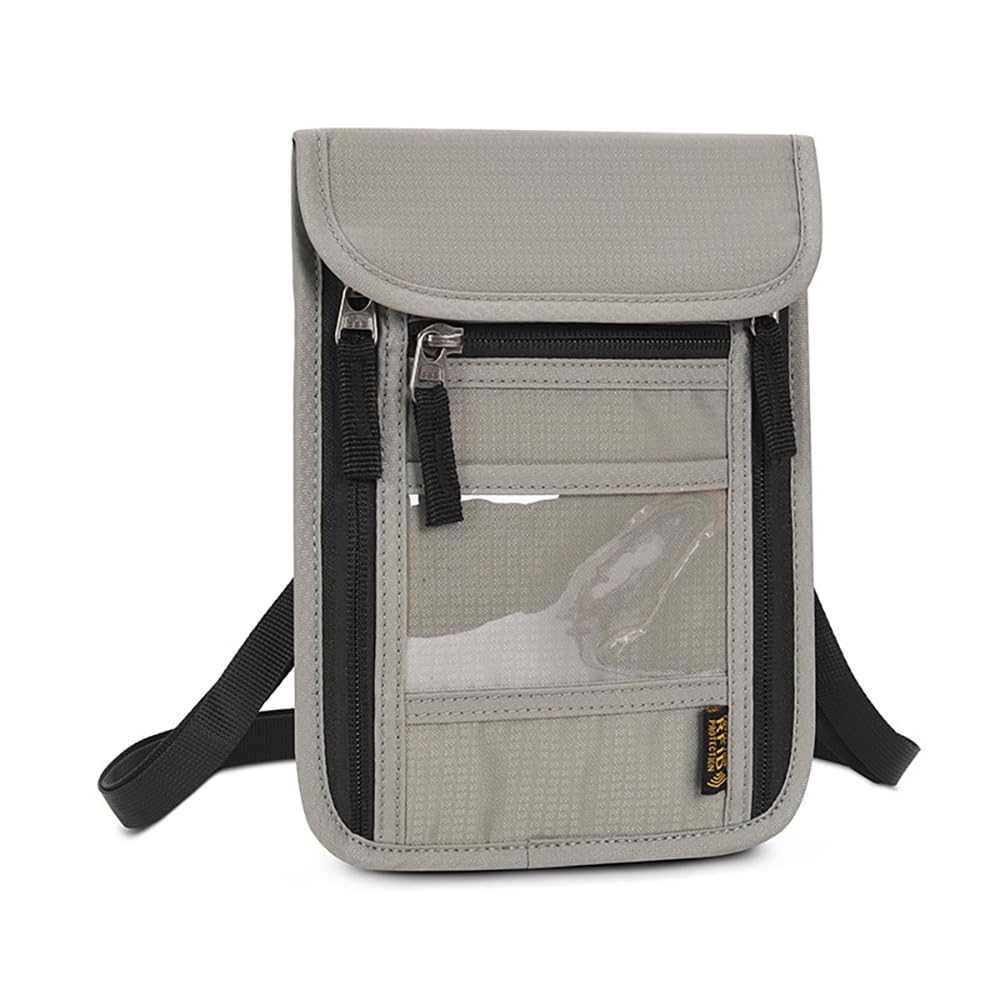 RFID Blocking Travel Neck Pouch - Passport Holder & Wallet Organizer for Family Vacations (Light Grey) | Secure Storage for Passports, Cards & Cash During Air Travel, Sightseeing & Outdoor Adventures