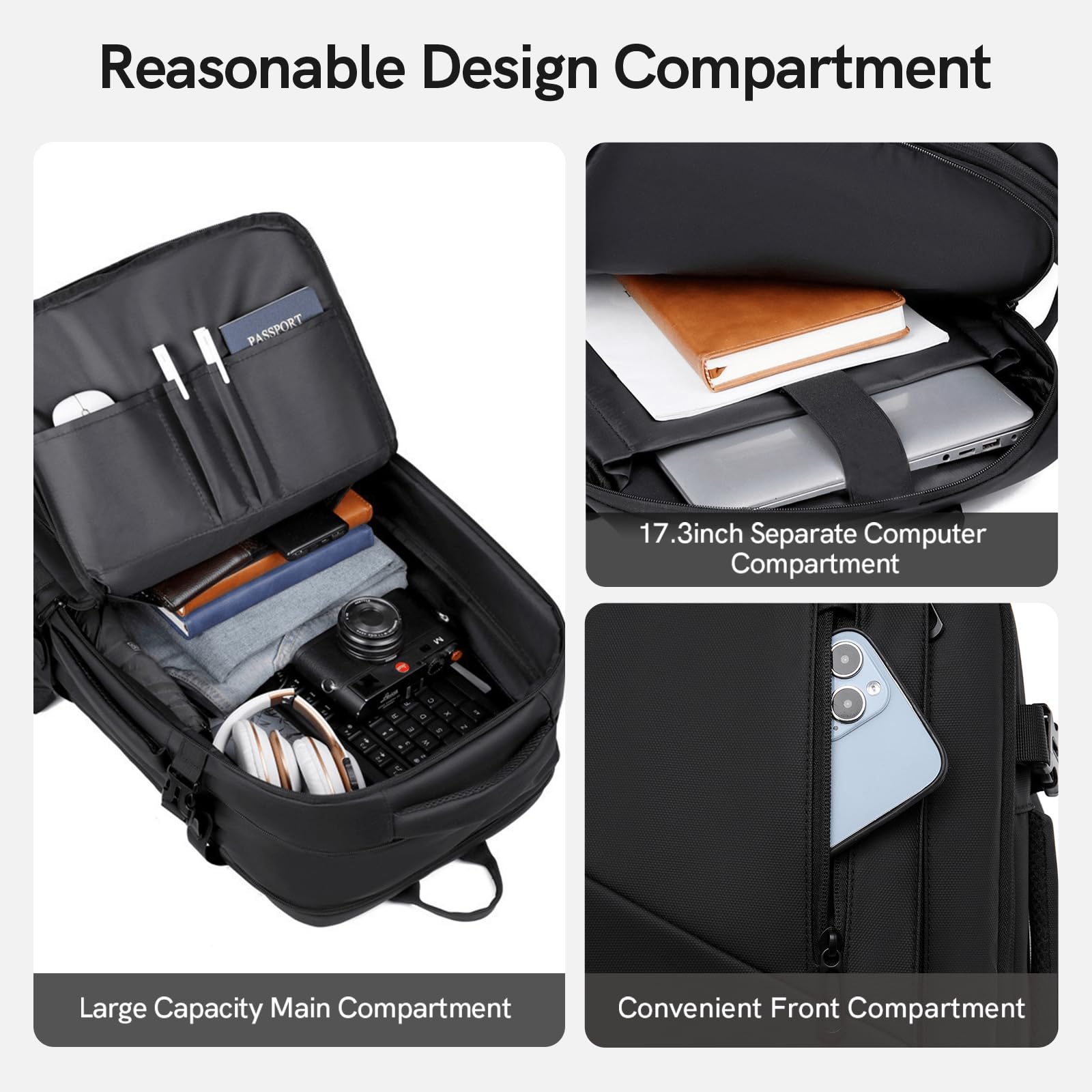 VGOAL 26-44L Expandable Travel Laptop Backpack for 17.3 Inch Laptop - Water-Resistant Business Rucksack with USB Charging Port - Perfect for Airplane Carry-On, Weekender Trips & Daily Commute (Black)